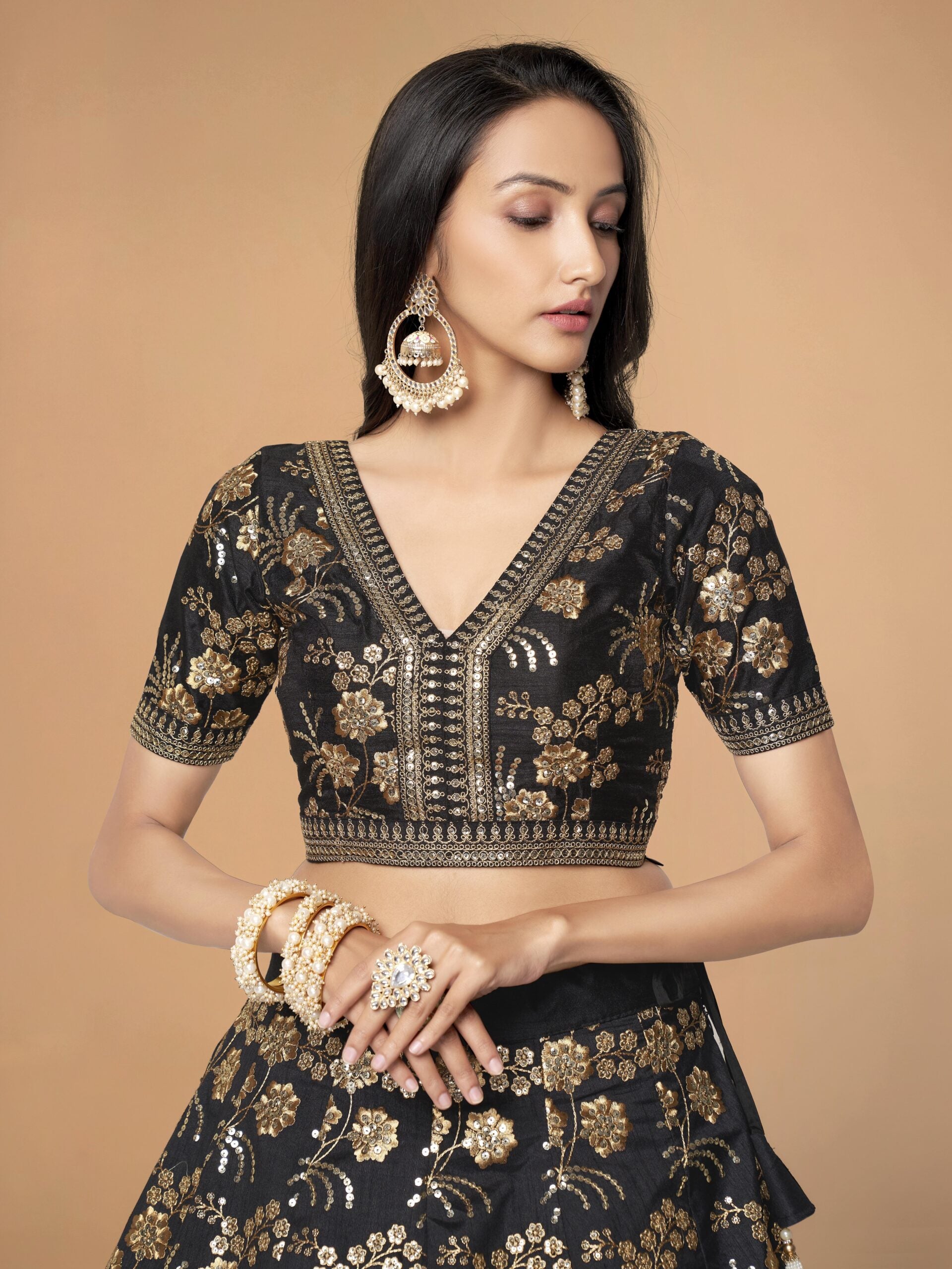 Ebony Starry Whispers Mesmerizing Black Slub Silk Lehengha Choli