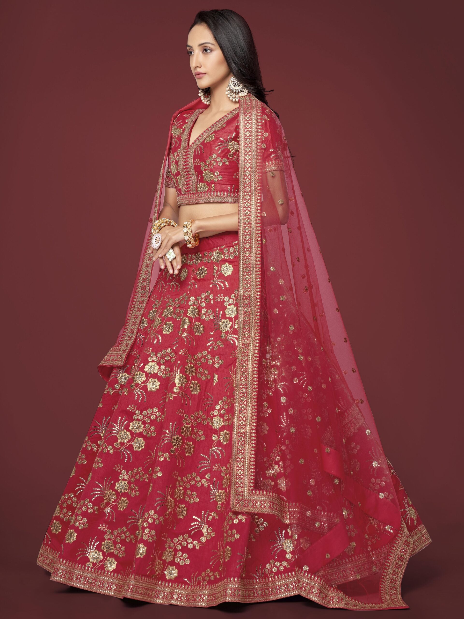 Flaming Crimson Rhapsody Elegant Red Slub Silk Lehengha Choli