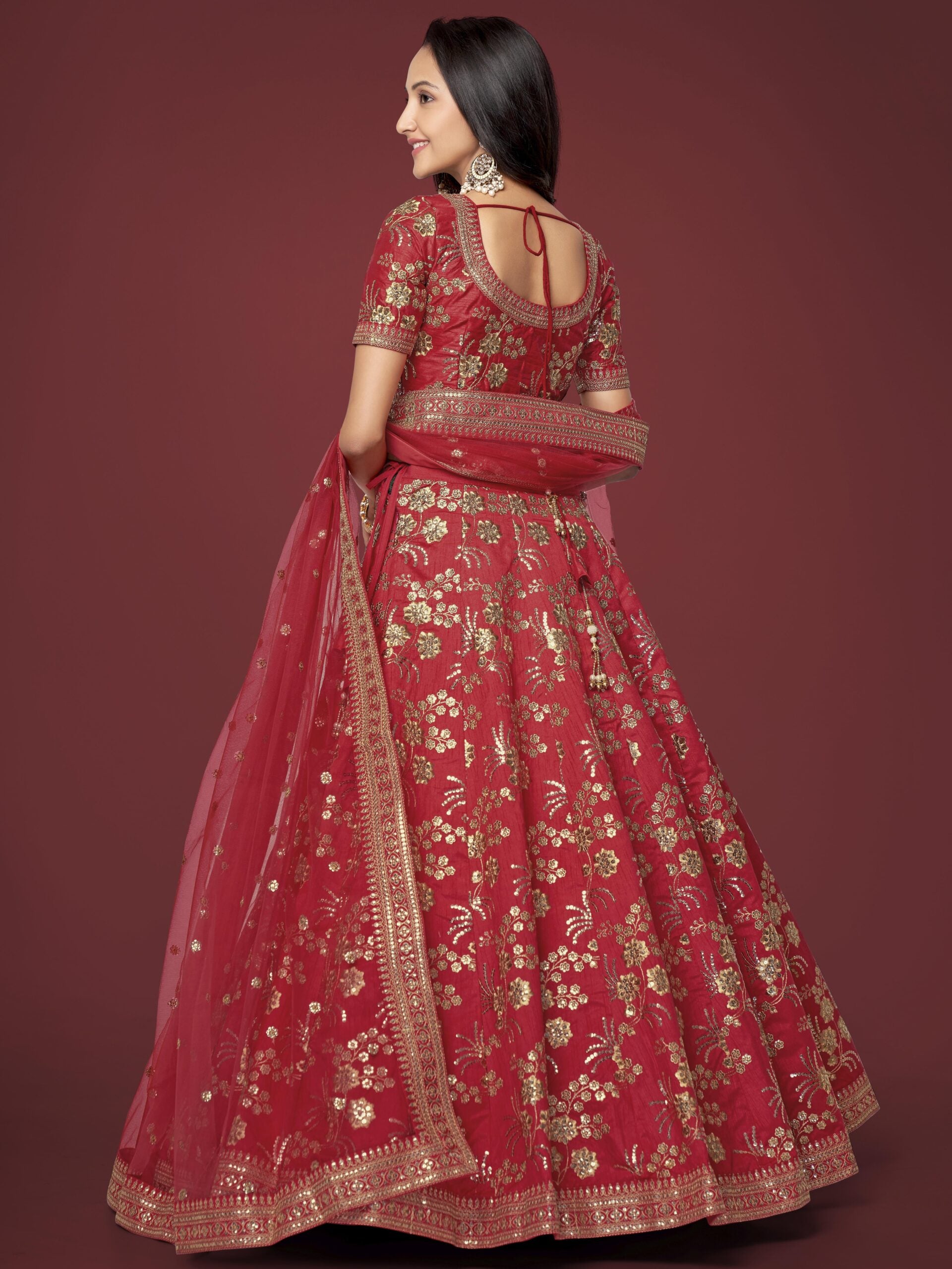 Flaming Crimson Rhapsody Elegant Red Slub Silk Lehengha Choli