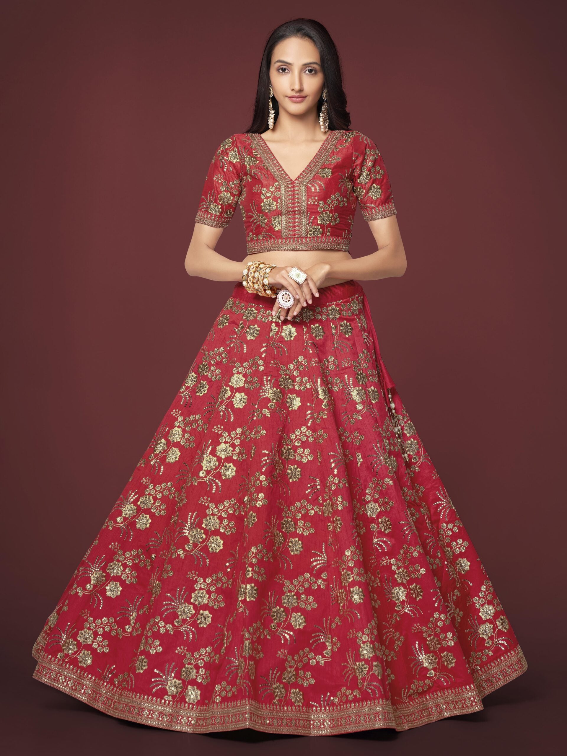 Flaming Crimson Rhapsody Elegant Red Slub Silk Lehengha Choli