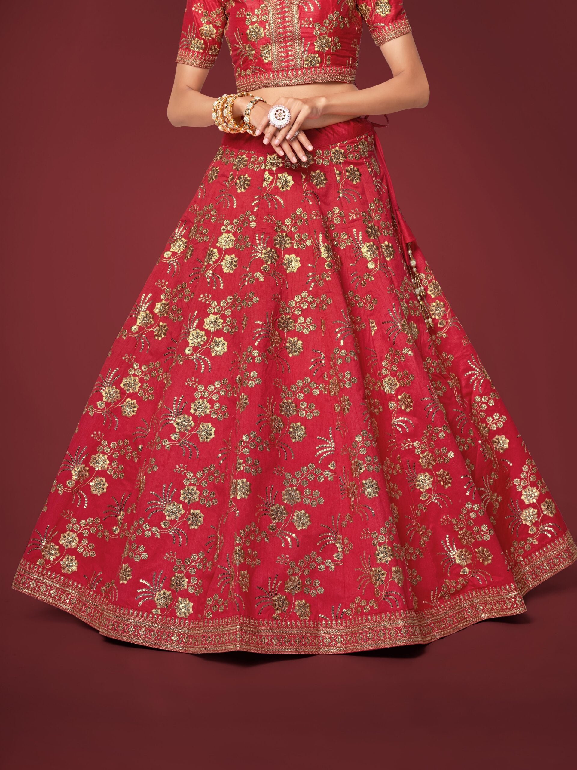 Flaming Crimson Rhapsody Elegant Red Slub Silk Lehengha Choli