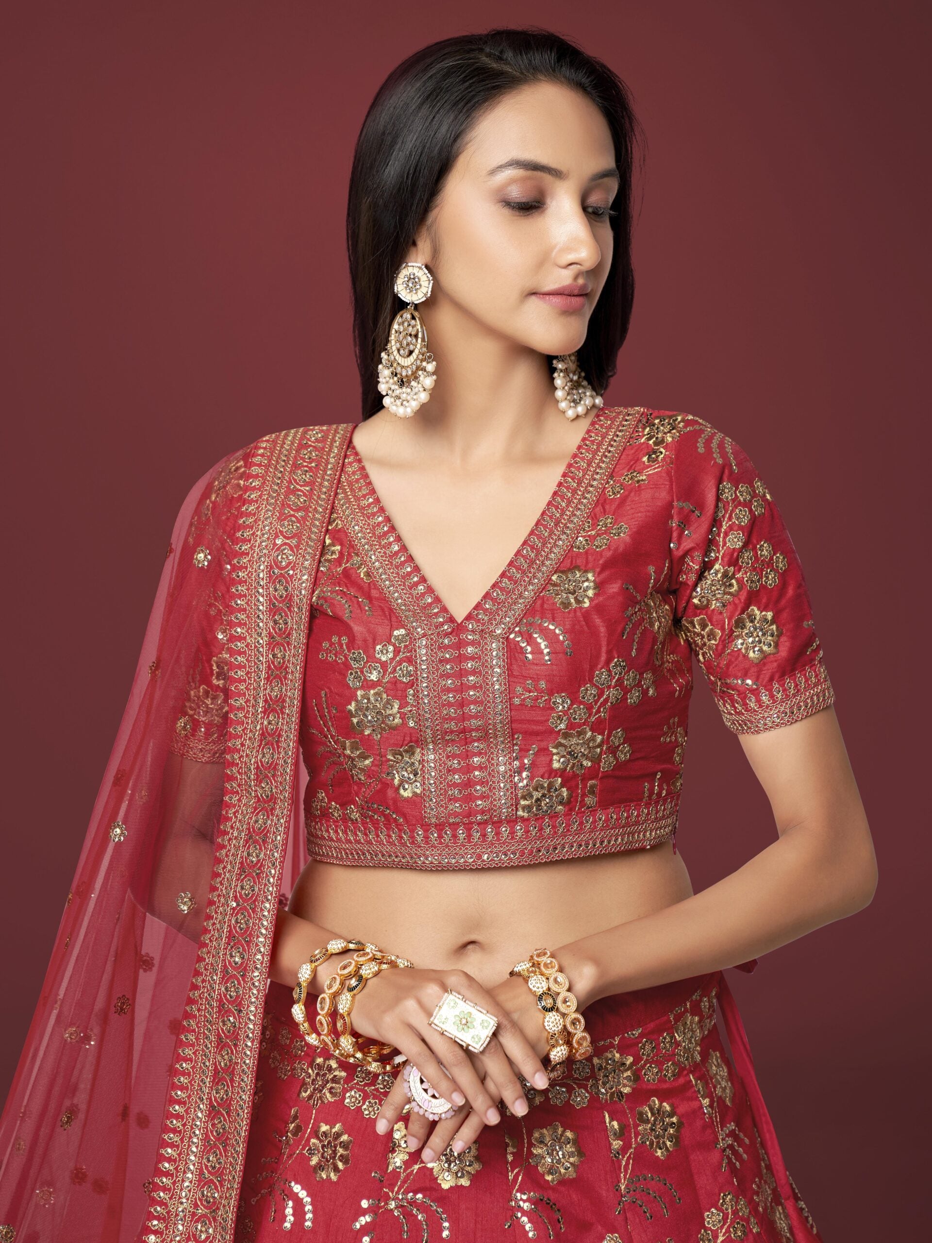 Flaming Crimson Rhapsody Elegant Red Slub Silk Lehengha Choli