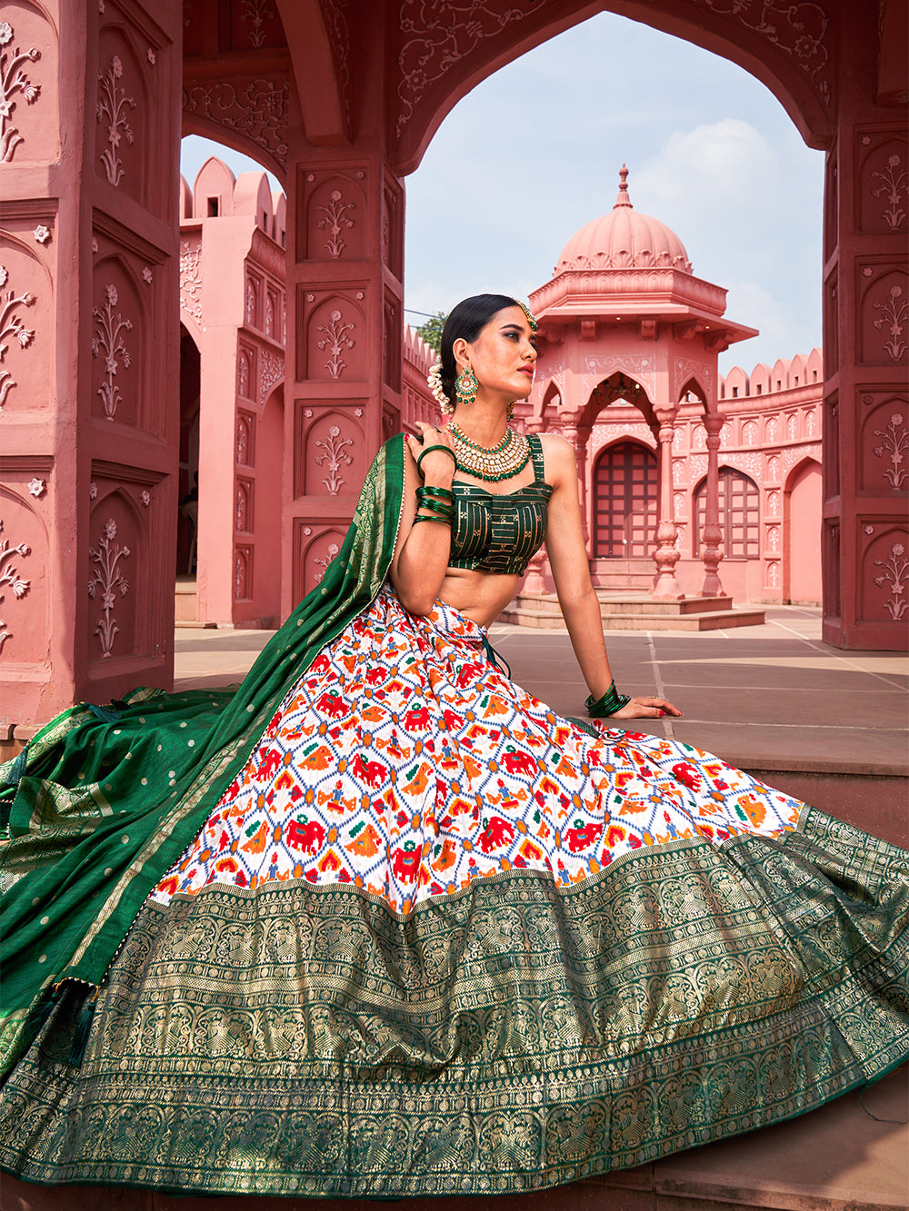 Prakriti Rang Vibrant Green Splendor Pure Dola Silk Foil Print Lehenga Choli