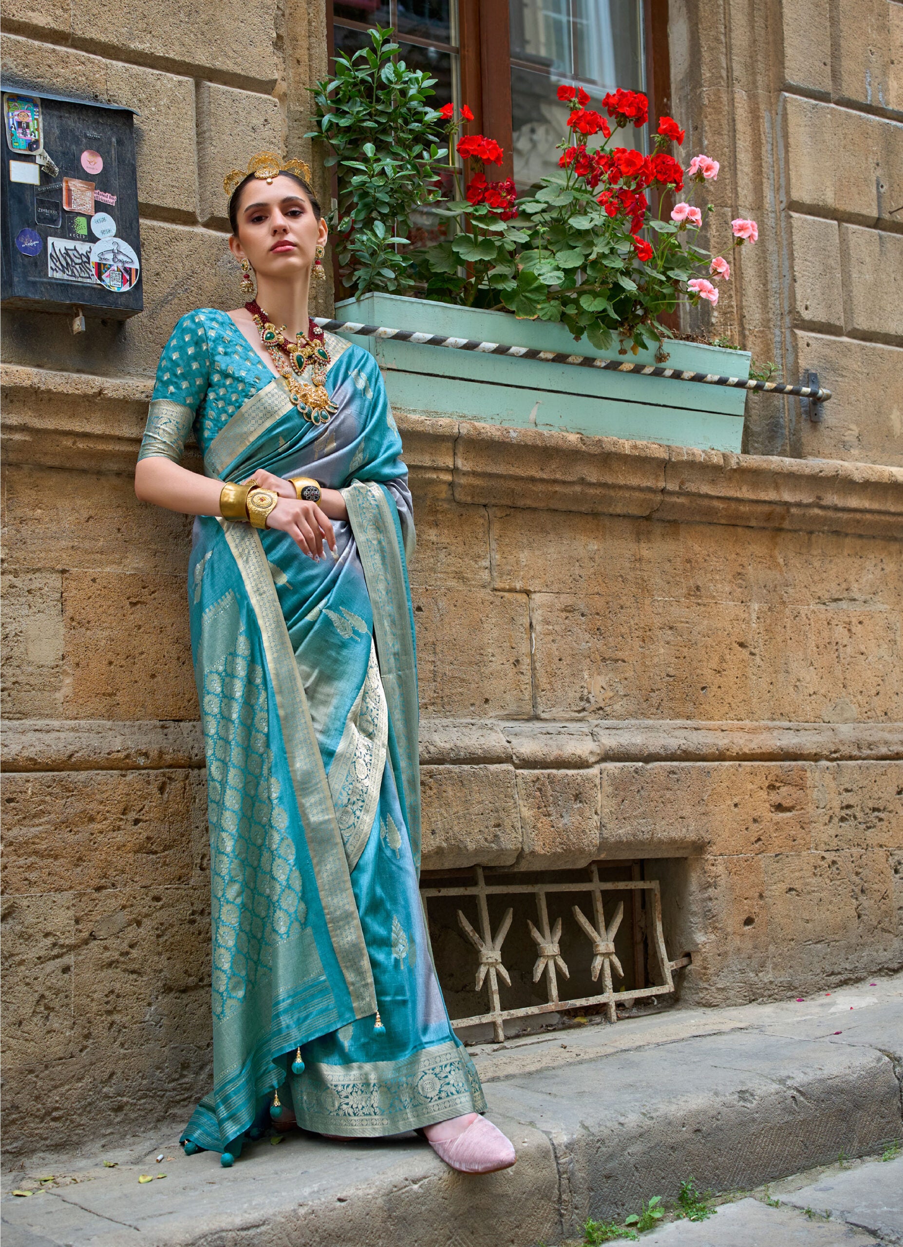 Moonlit Rama Rajwadi Pure Silk Saree