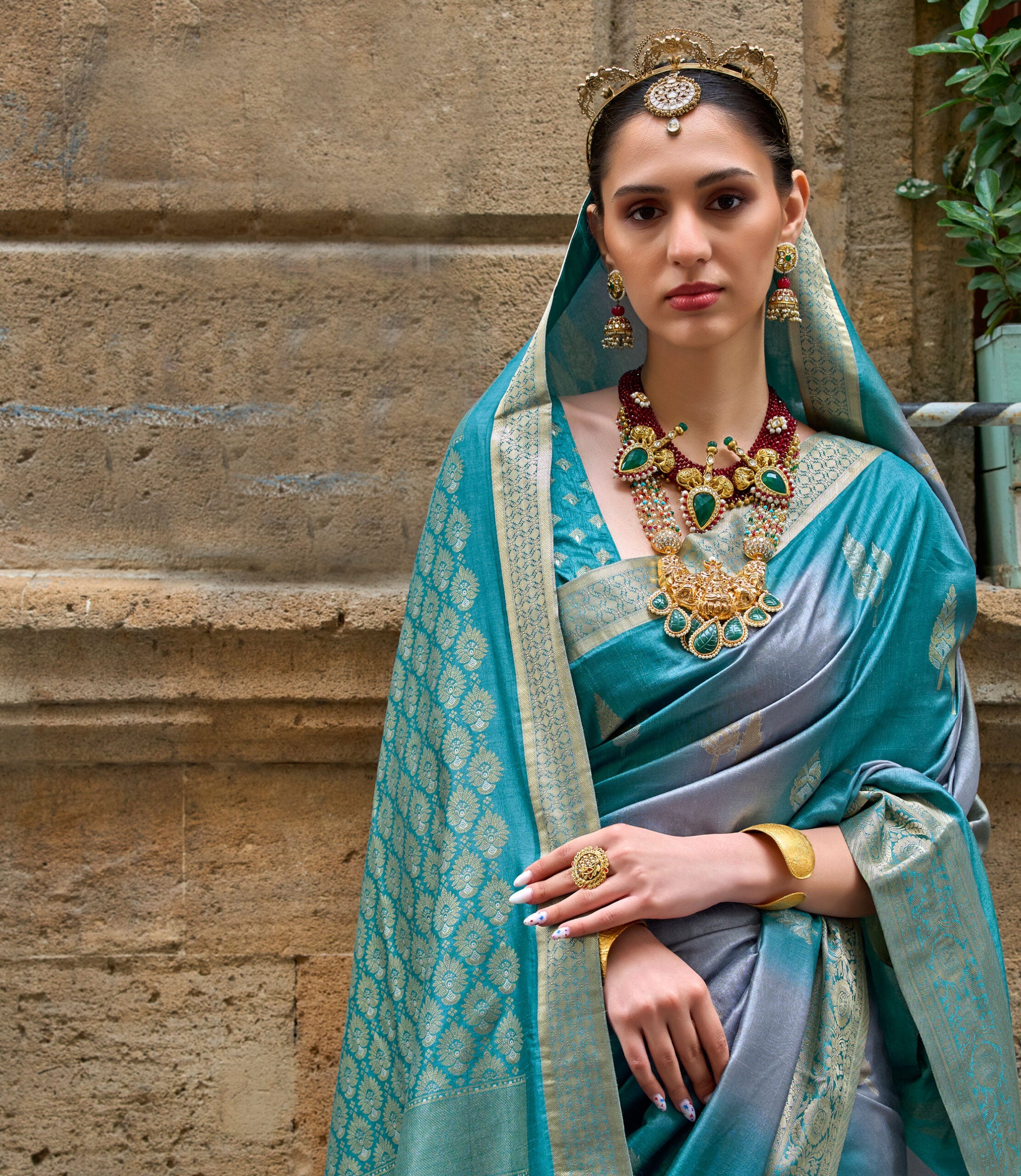 Moonlit Rama Rajwadi Pure Silk Saree