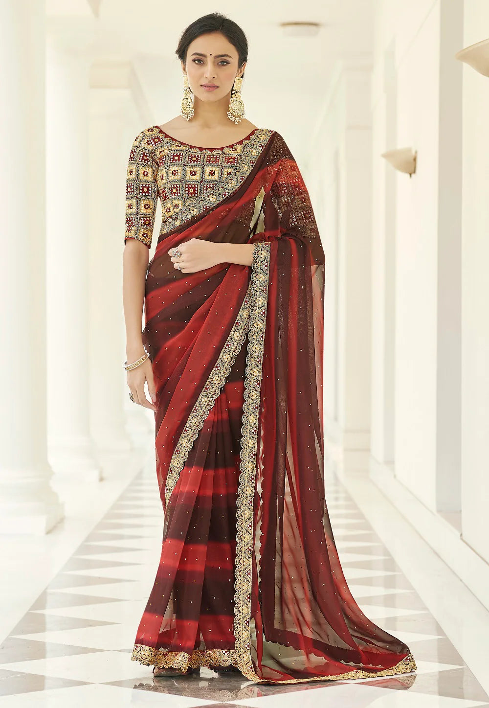 Maroon Mystique Sequin Cascade Saree
