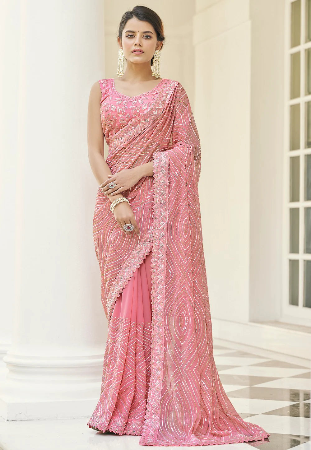 Mellow Melon Rosy Sequin Cascade Saree