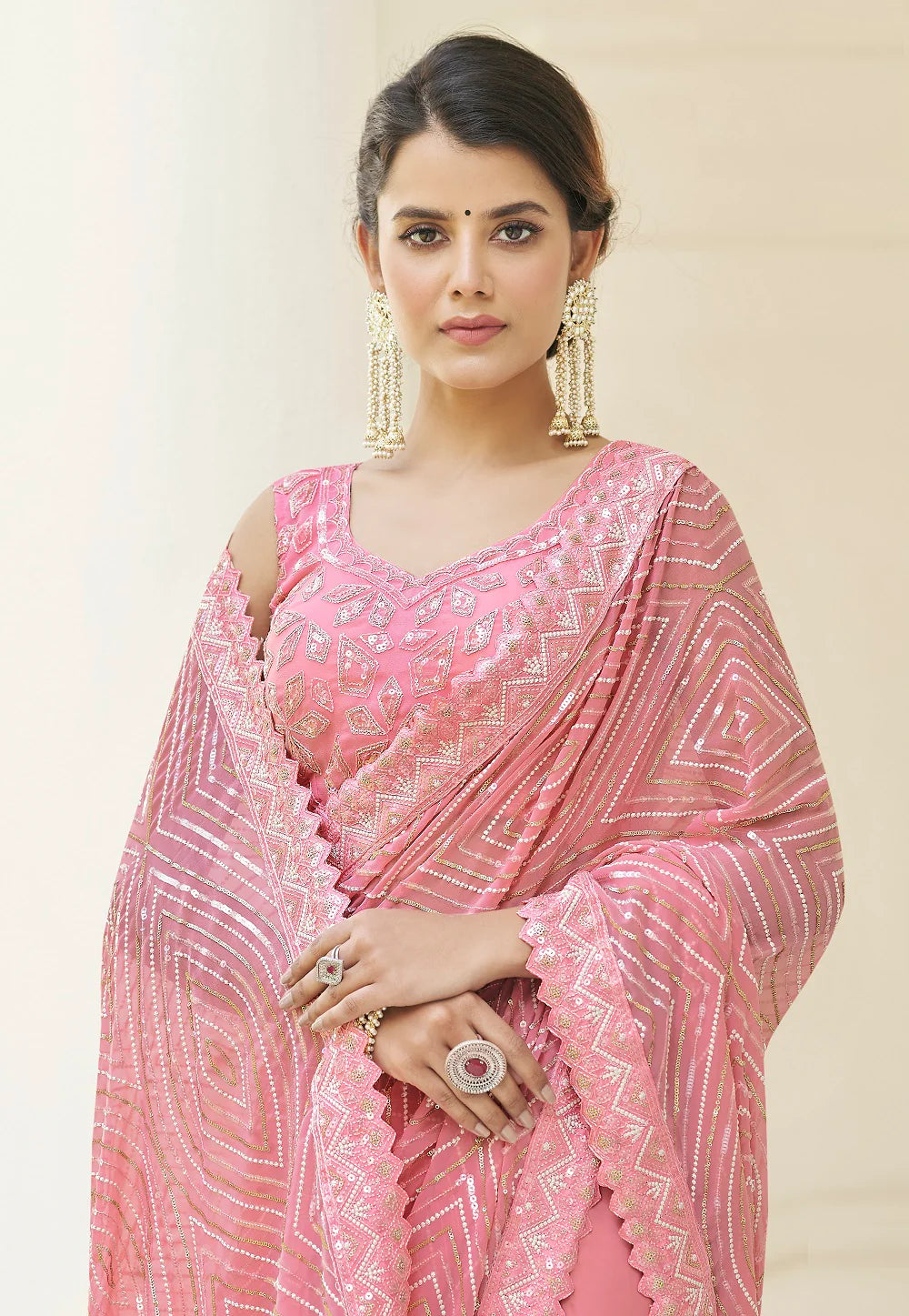 Mellow Melon Rosy Sequin Cascade Saree