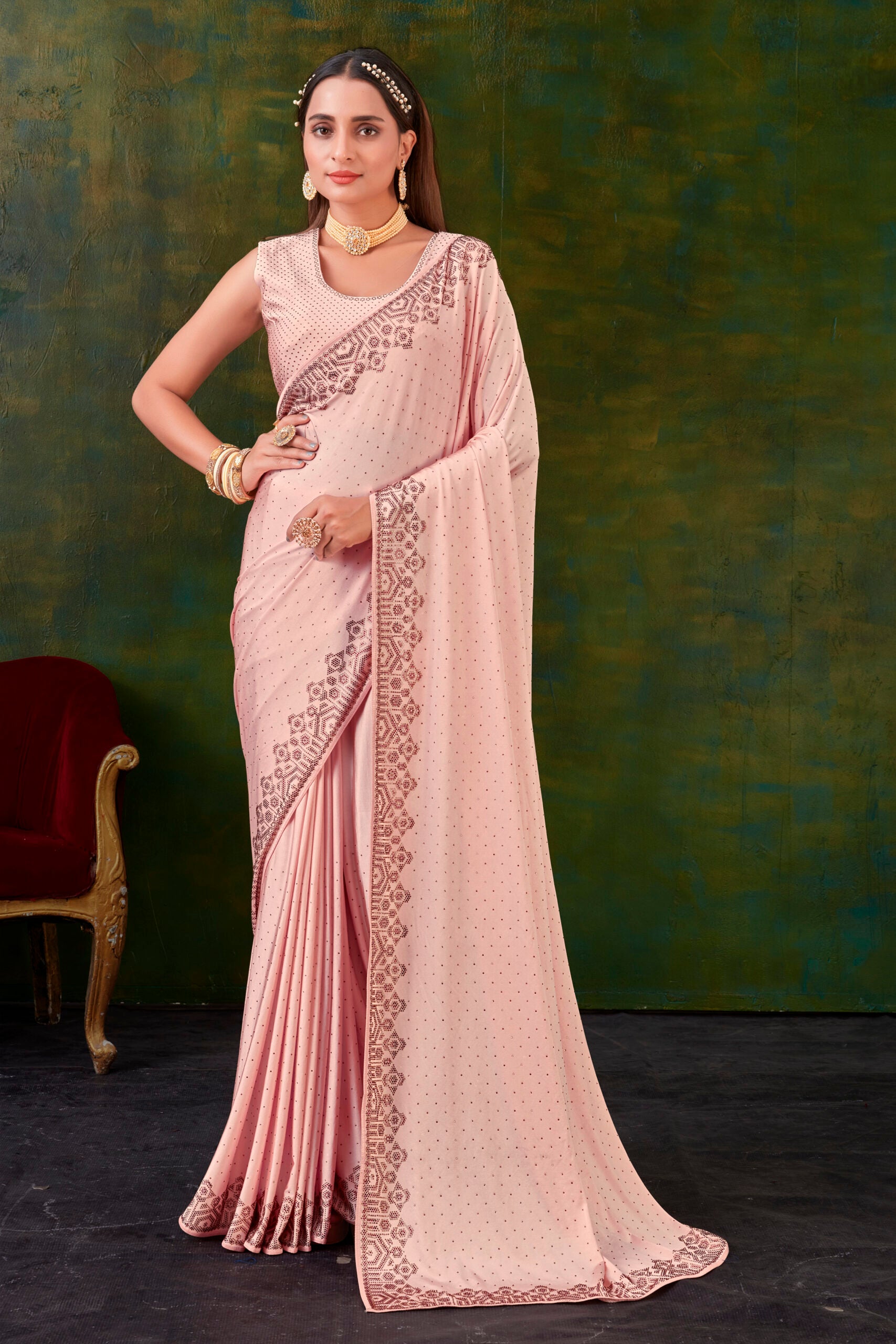 Lustrous Peach Swarovski Saree