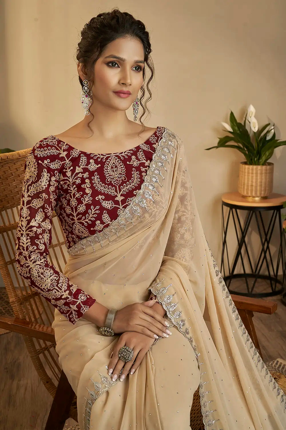 Beige Georgette Saree with Shimmering Sequins and Dori