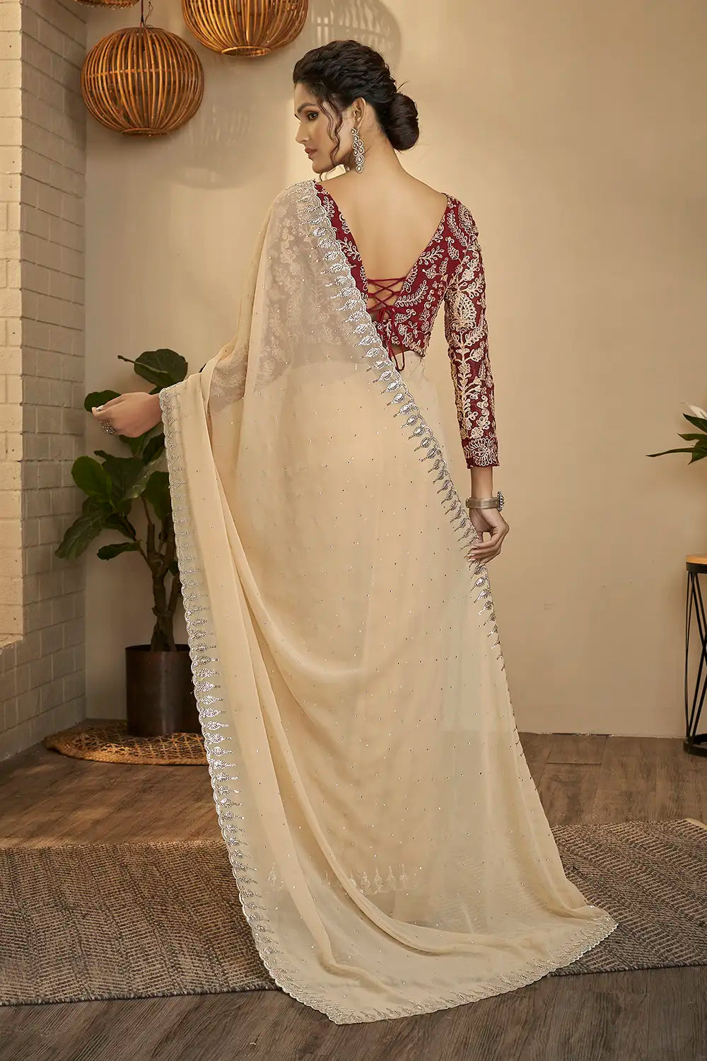 Beige Georgette Saree with Shimmering Sequins and Dori