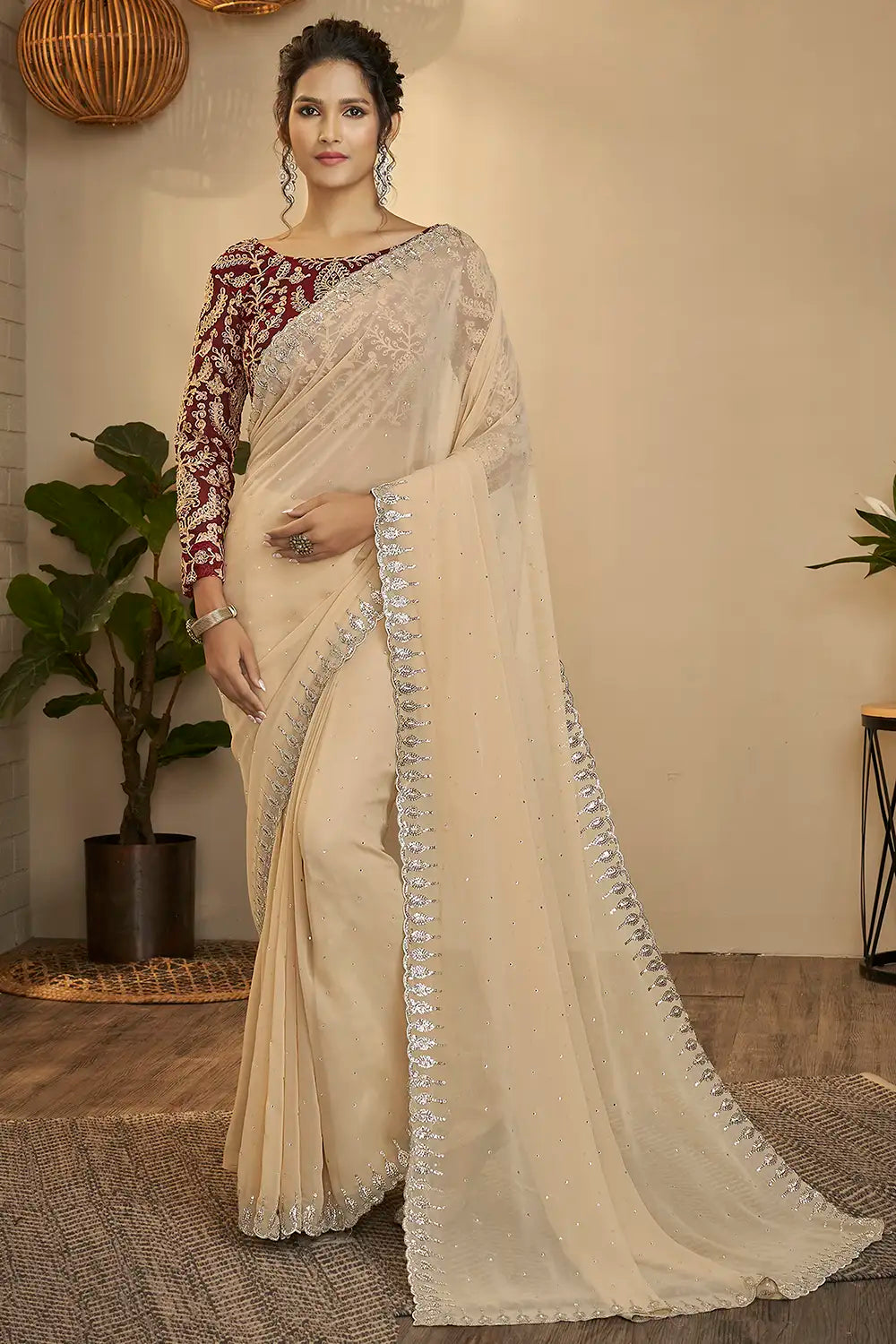 Beige Georgette Saree with Shimmering Sequins and Dori