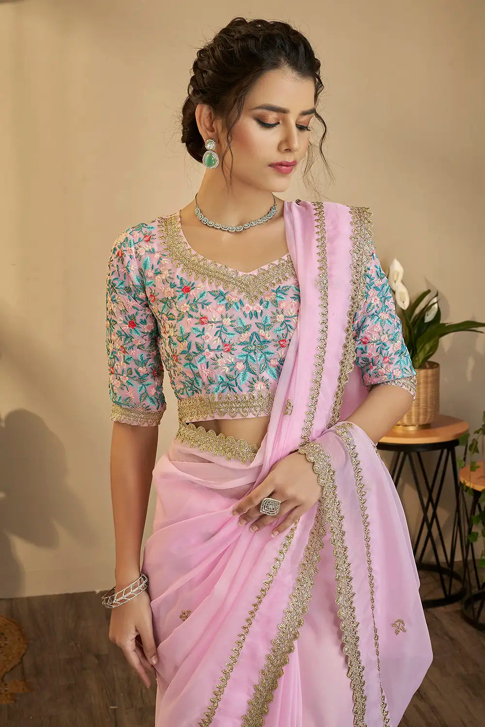 Pink Organza Resham and Sequins Saree