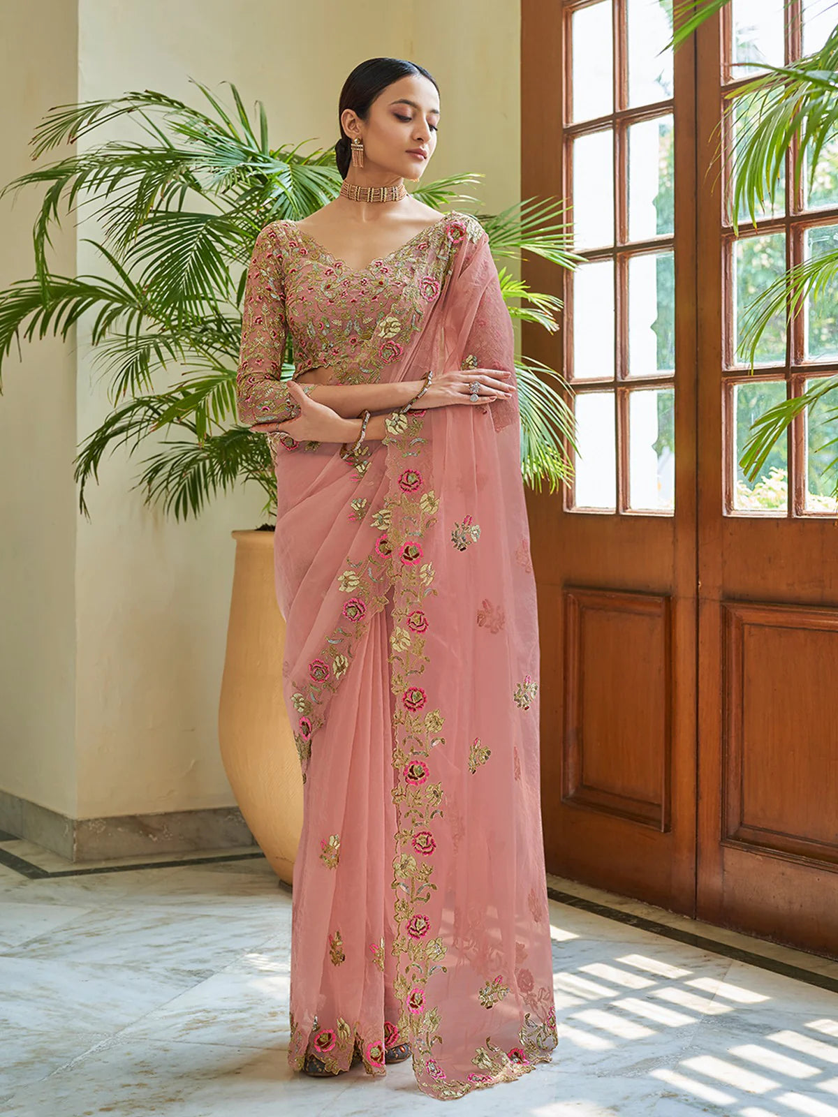 Mesmerizing Coral Twilight Peach Saree