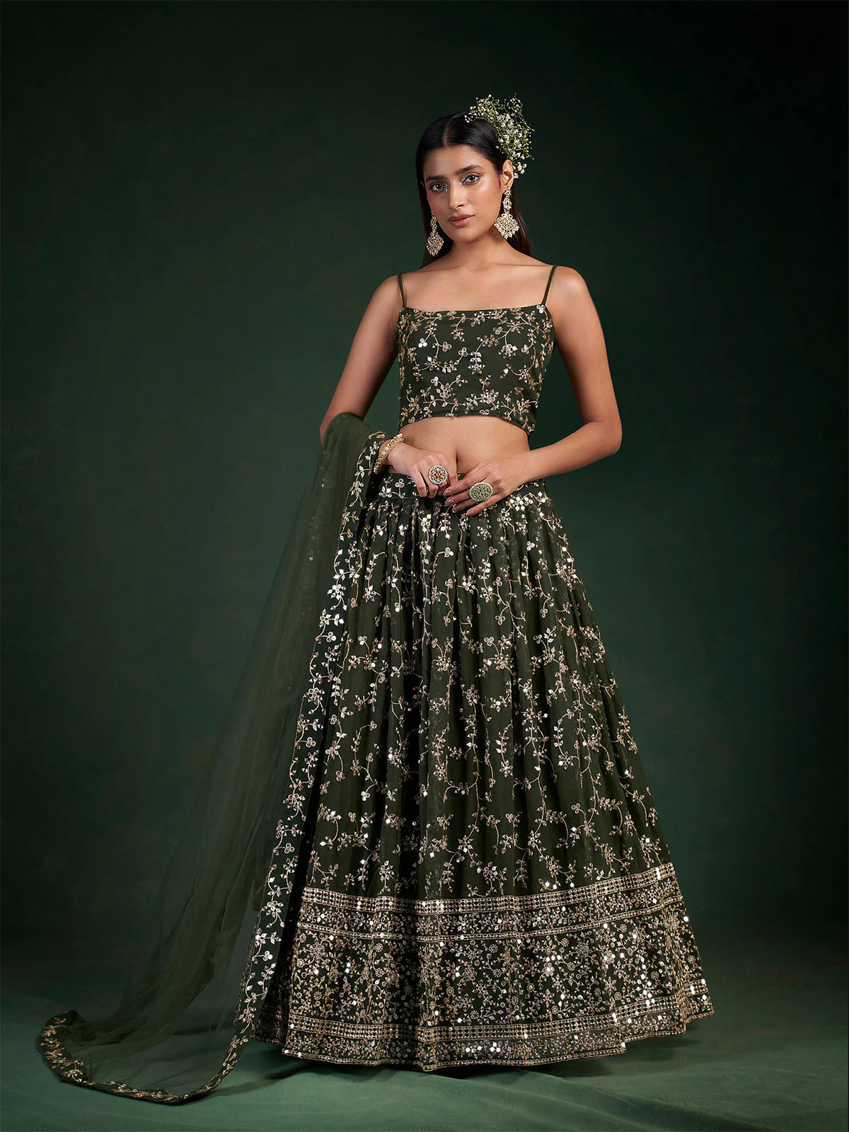Festive Green Lehenga with Sequins and Zari Work