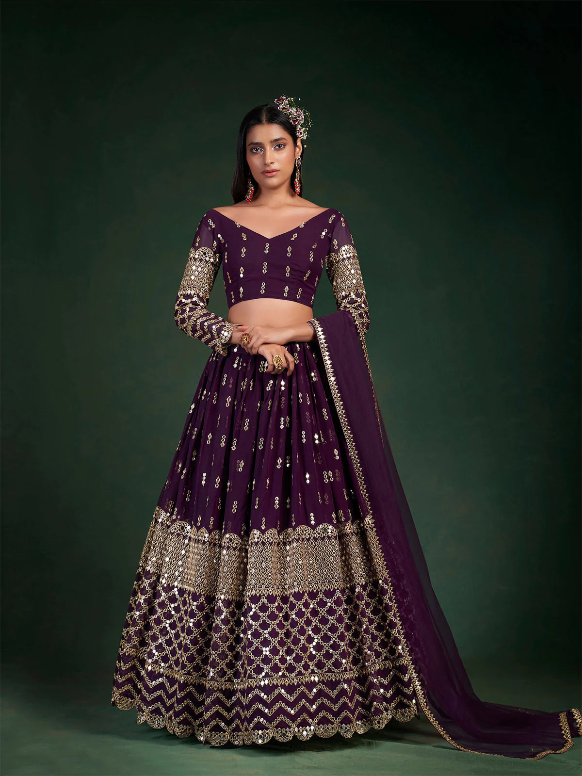 Elegant Wine Foil Mirror Work Georgette Lehenga