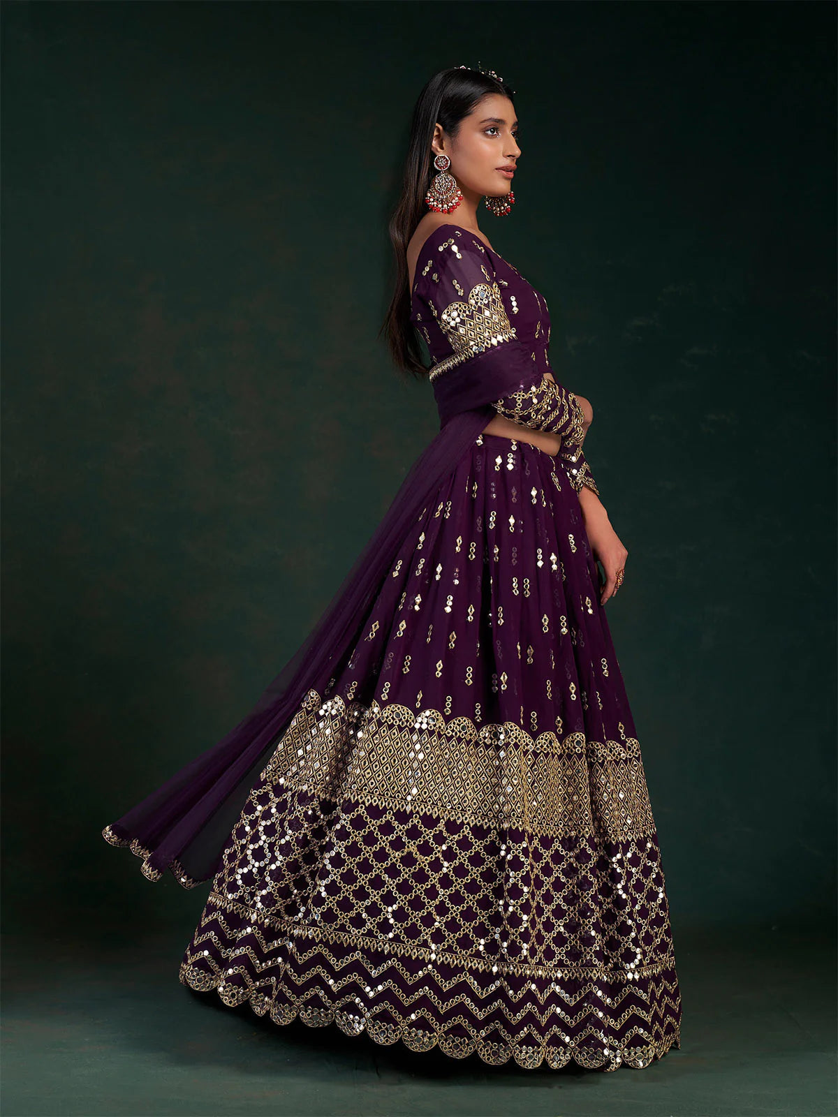 Elegant Wine Foil Mirror Work Georgette Lehenga