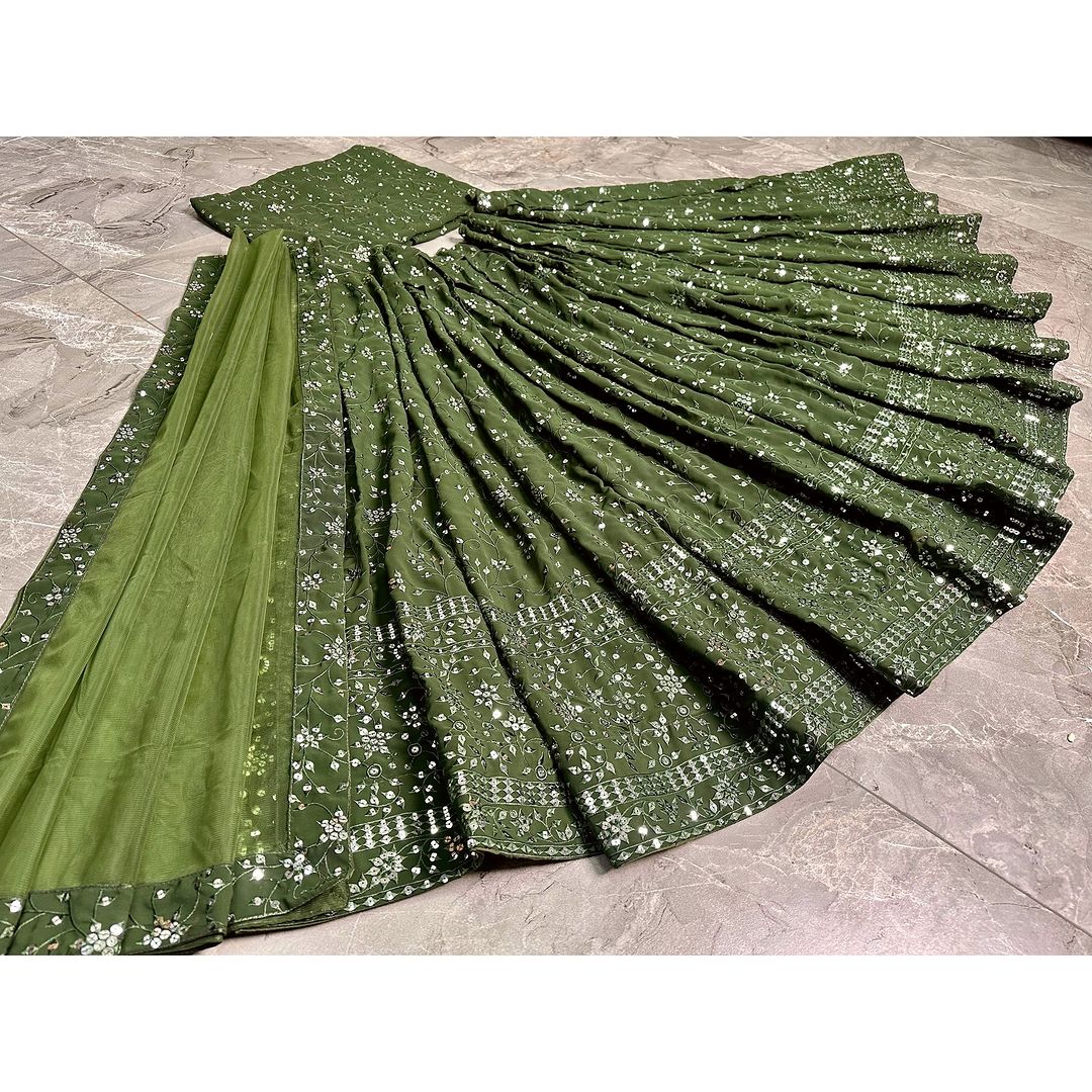 Jade Elegance Exquisite Green Zari and Sequin Embroidered Lehenga Choli