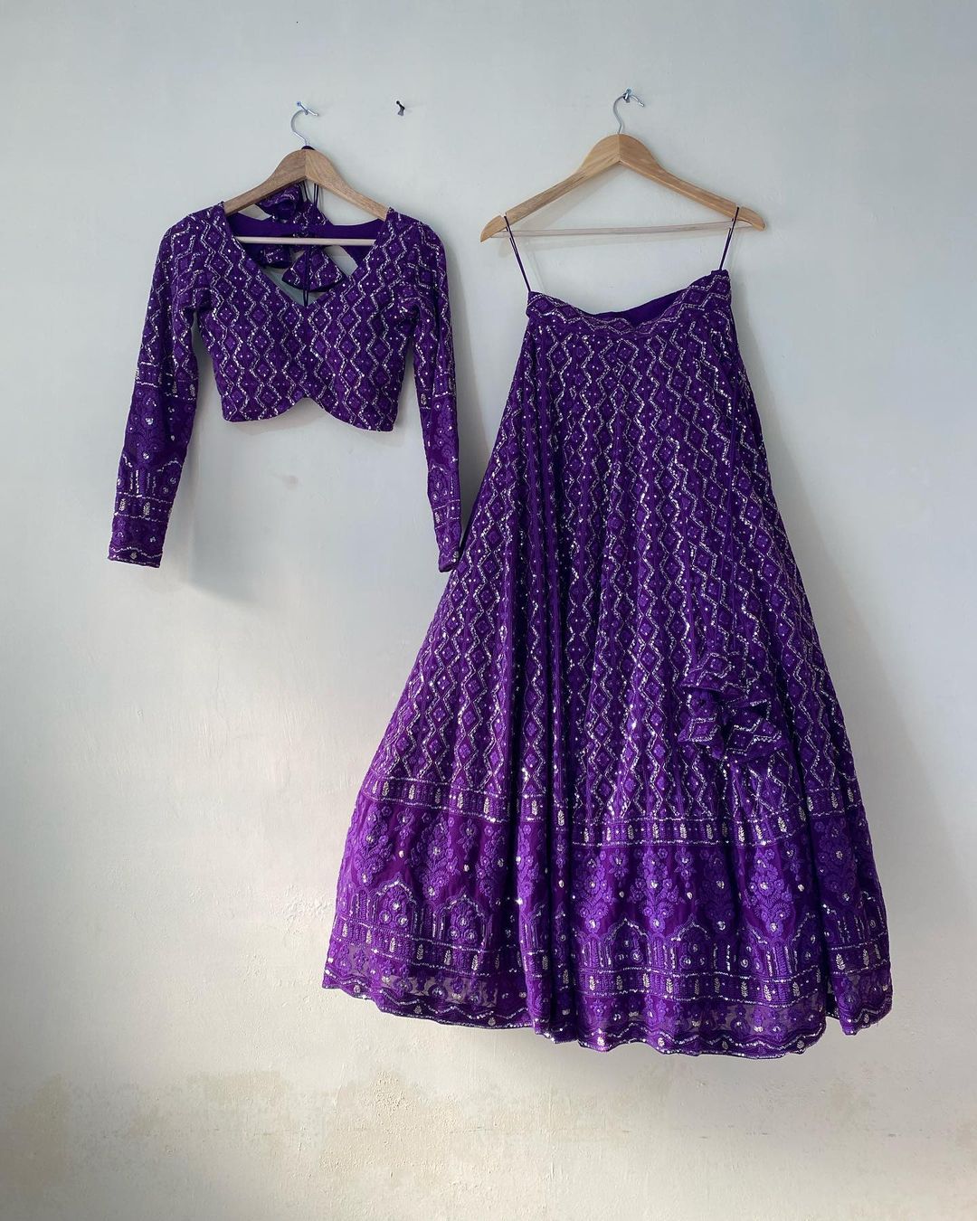 Regal Amethyst: Purple Chikankari Lehenga Choli with Sequin Embellishments