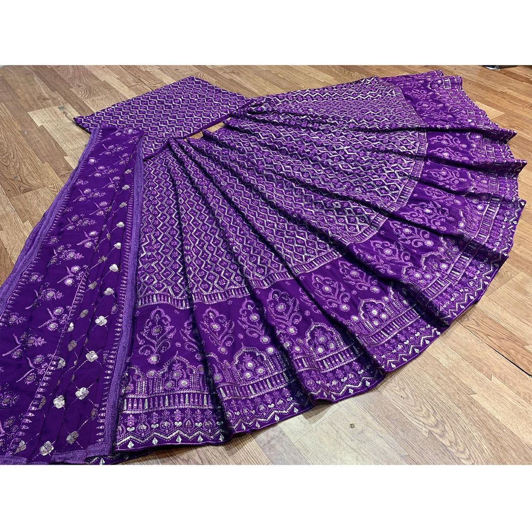 Regal Amethyst: Purple Chikankari Lehenga Choli with Sequin Embellishments