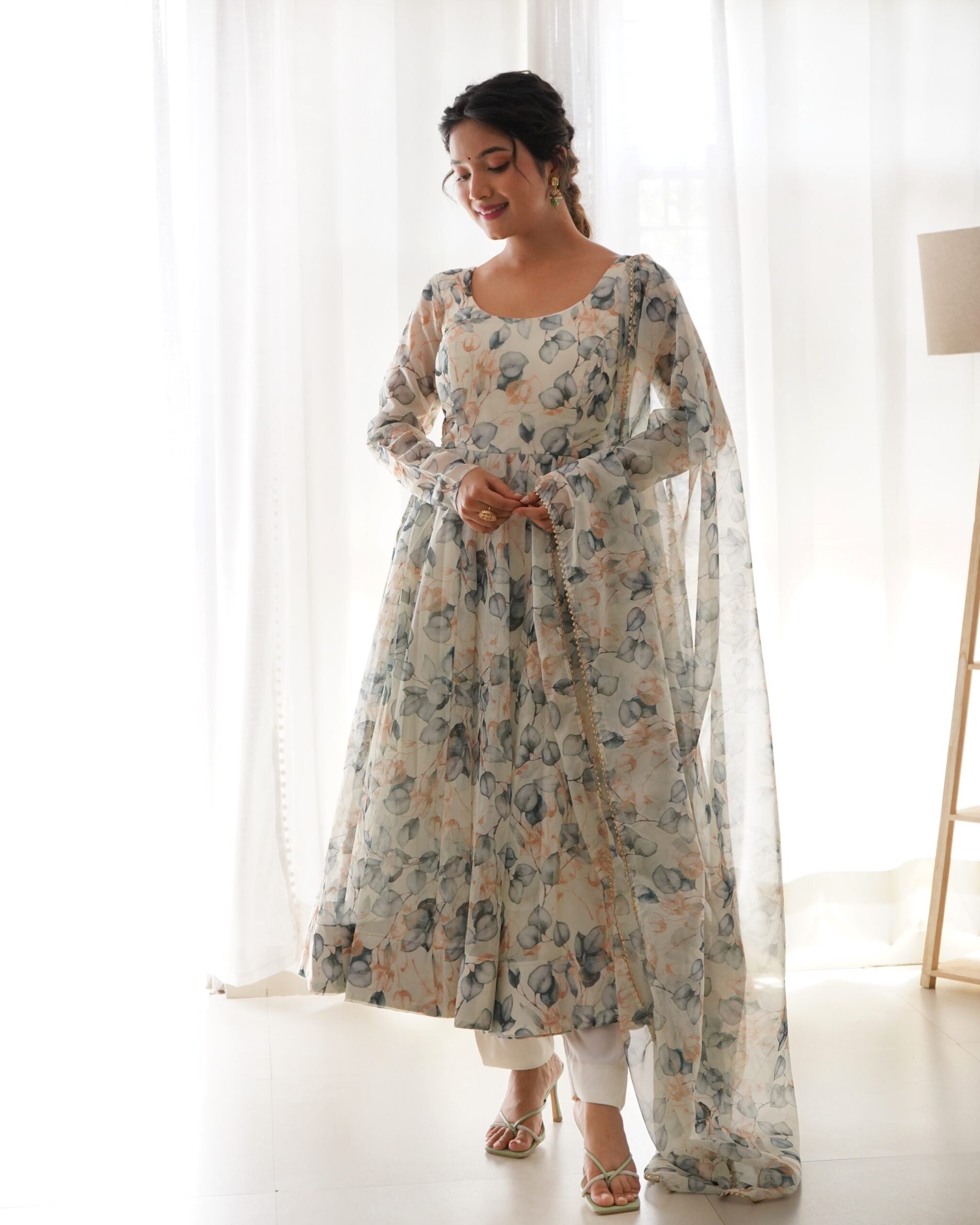 Chashme Bahar White Tabby Organza Digital Patterns Anarkali