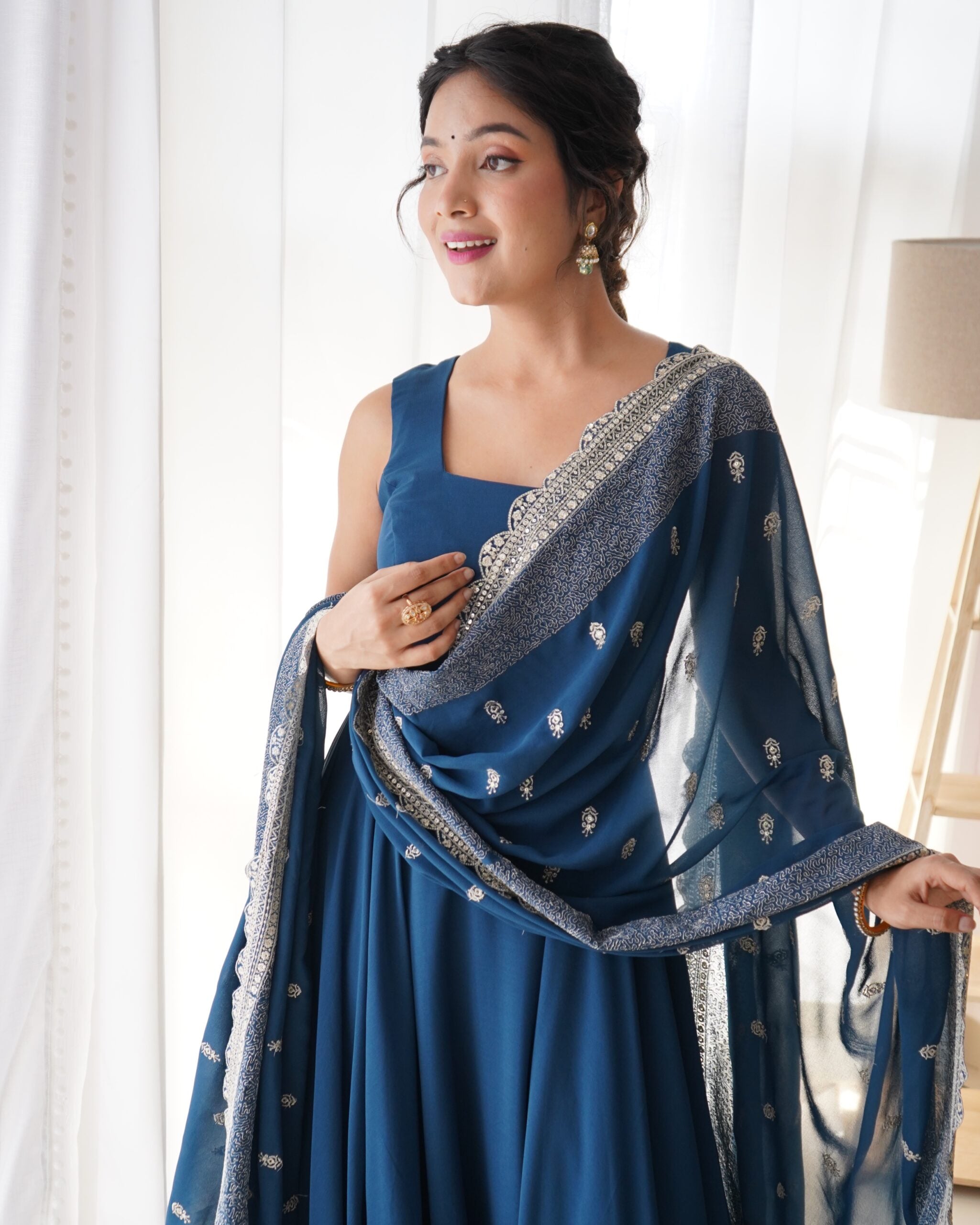 Sapphire Sky The Exquisite Fox Georgette Flair Gown & Embroidered Dupatta Ensemble