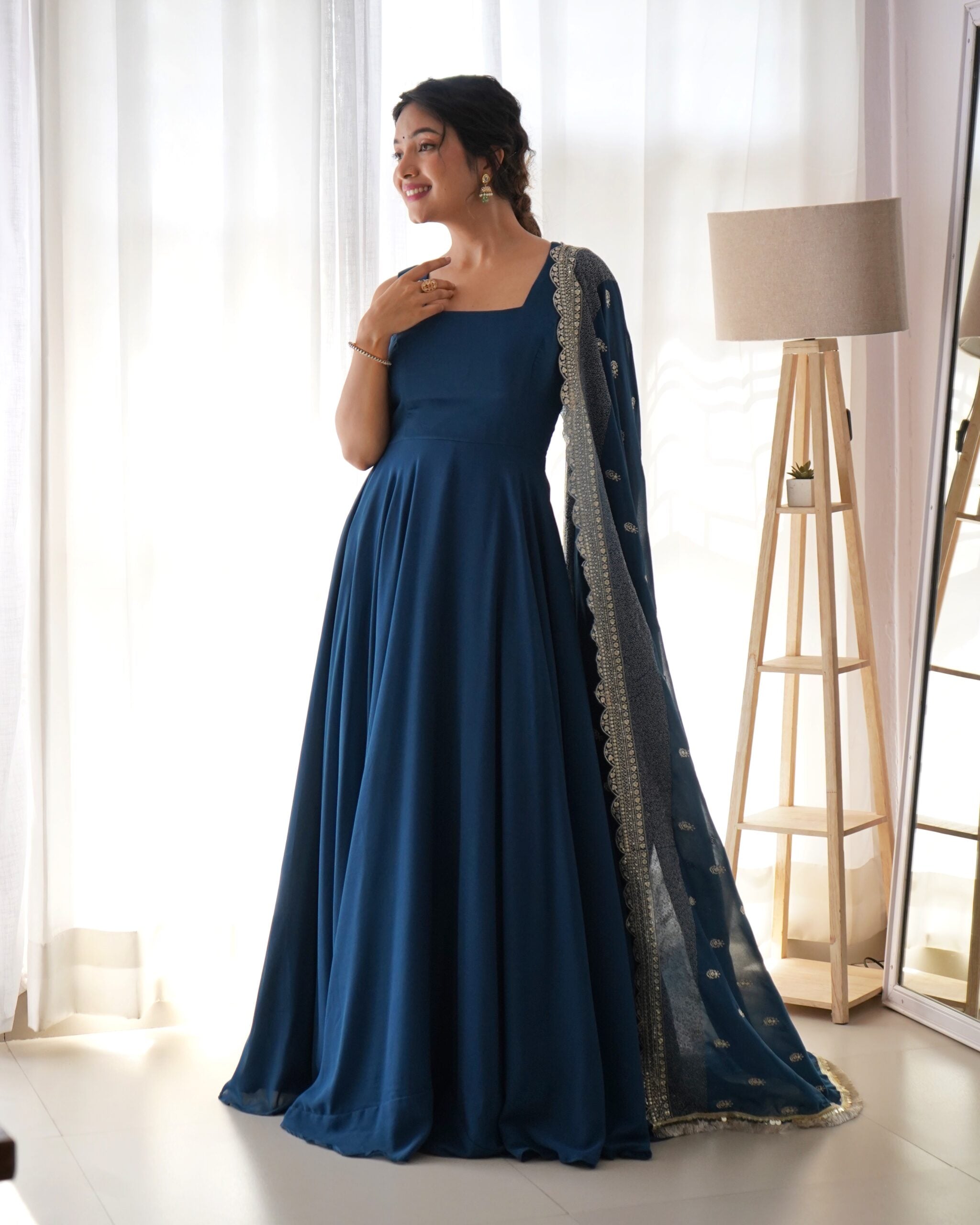 Sapphire Sky The Exquisite Fox Georgette Flair Gown & Embroidered Dupatta Ensemble