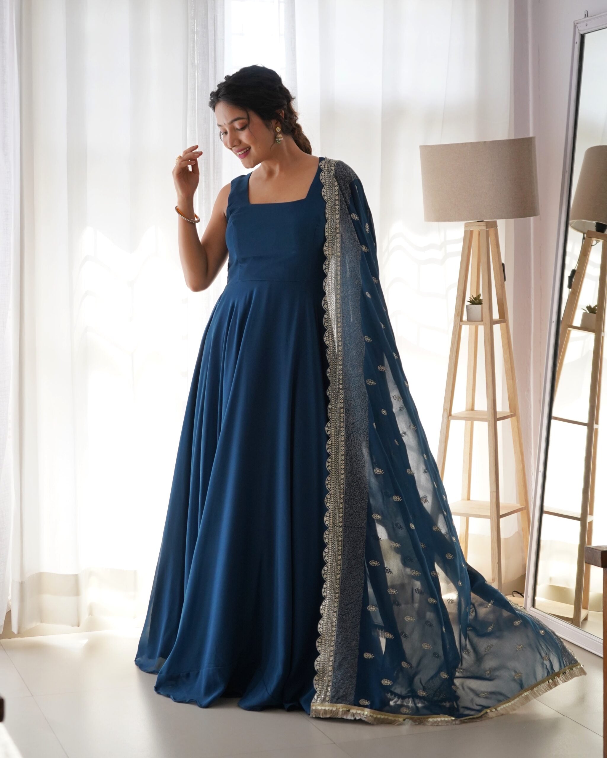 Sapphire Sky The Exquisite Fox Georgette Flair Gown & Embroidered Dupatta Ensemble