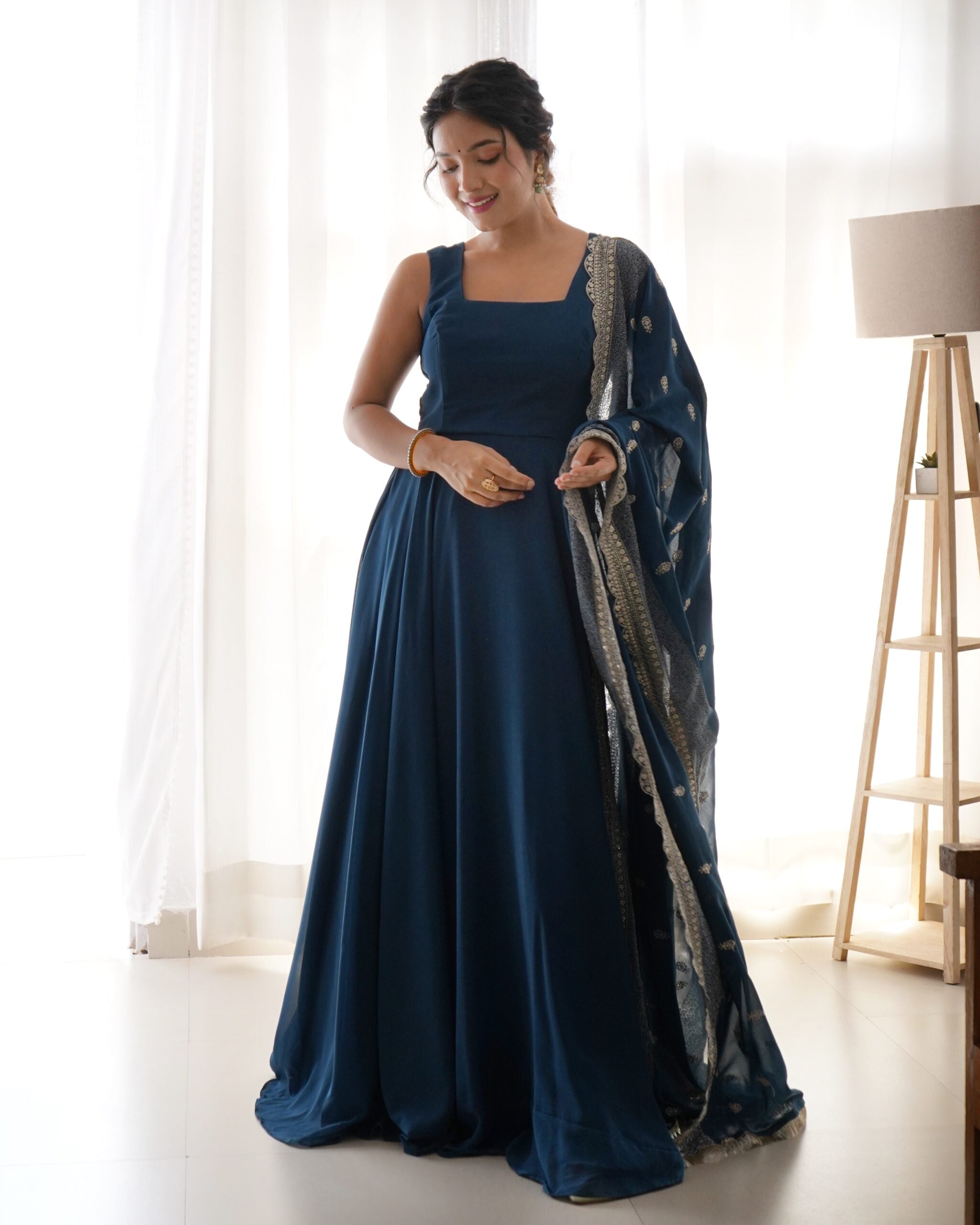 Sapphire Sky The Exquisite Fox Georgette Flair Gown & Embroidered Dupatta Ensemble