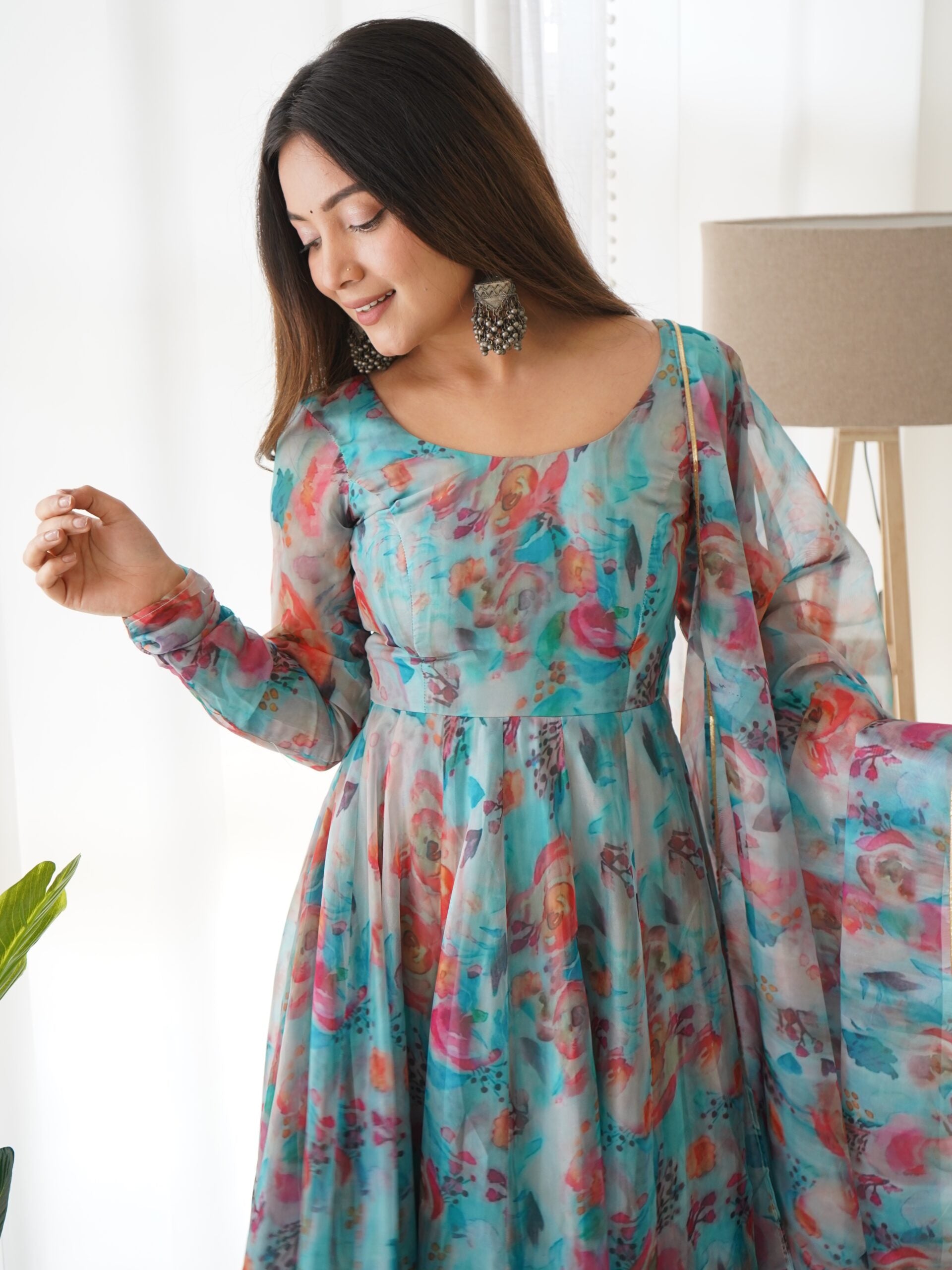 Kashmiri Breeze Sky Blue Tabby Organza Anarkali