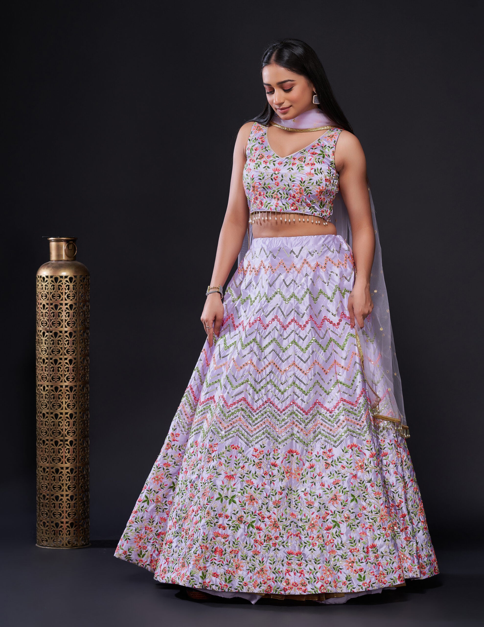 Whispering Lilac Whirlwind Satin Silk Sequin Studded Lehengha Choli