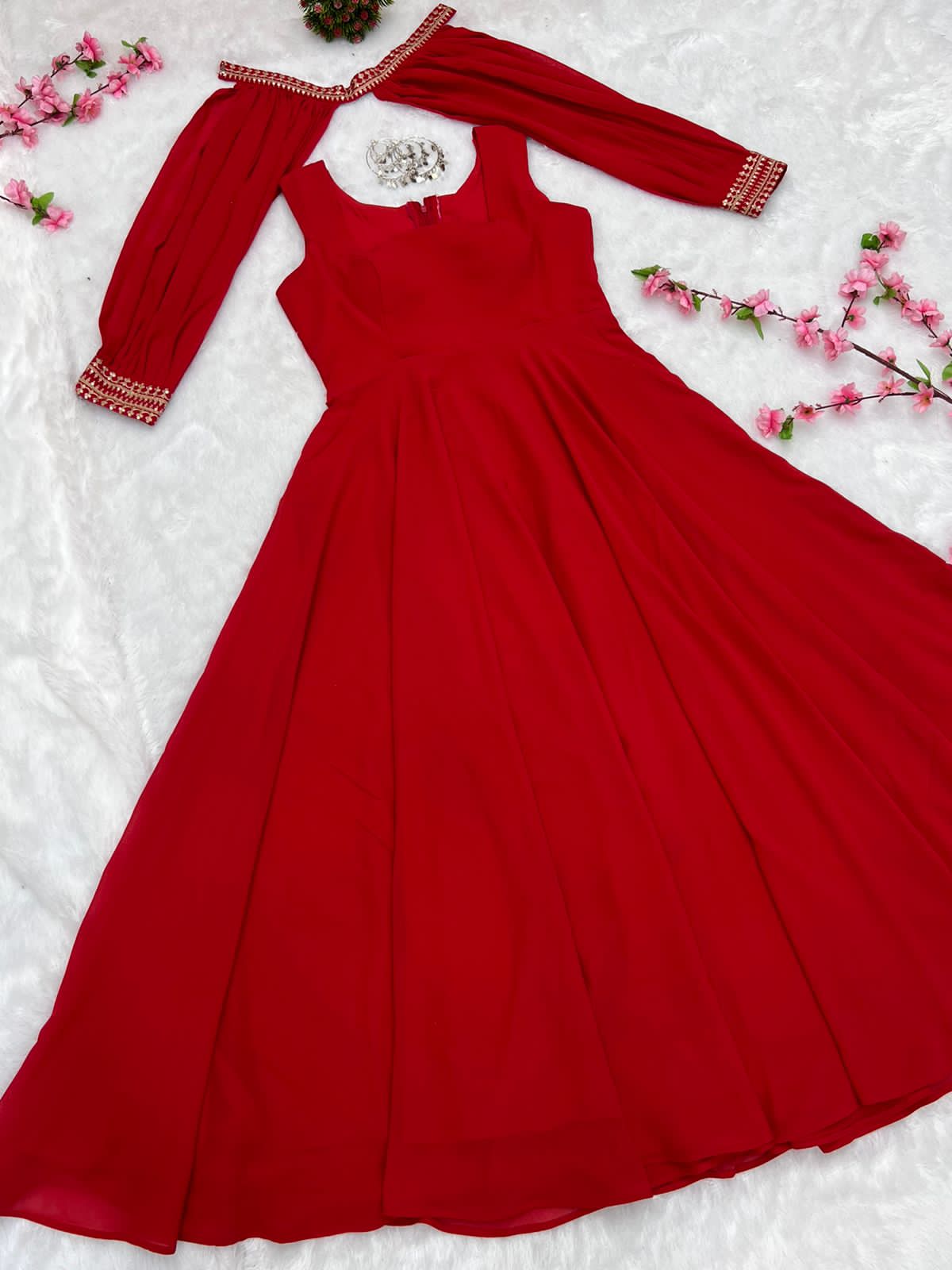 8-Meter Flared Fox Georgette Trendy Sleeves Gown