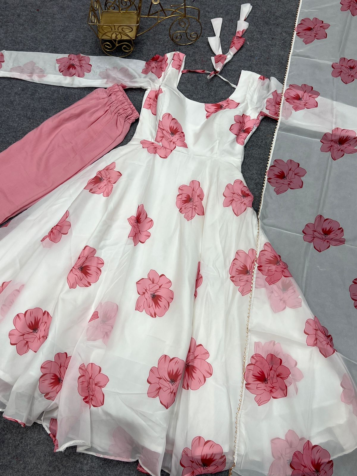 Tabby Organza Floral Print 3D Bloom Anarkali