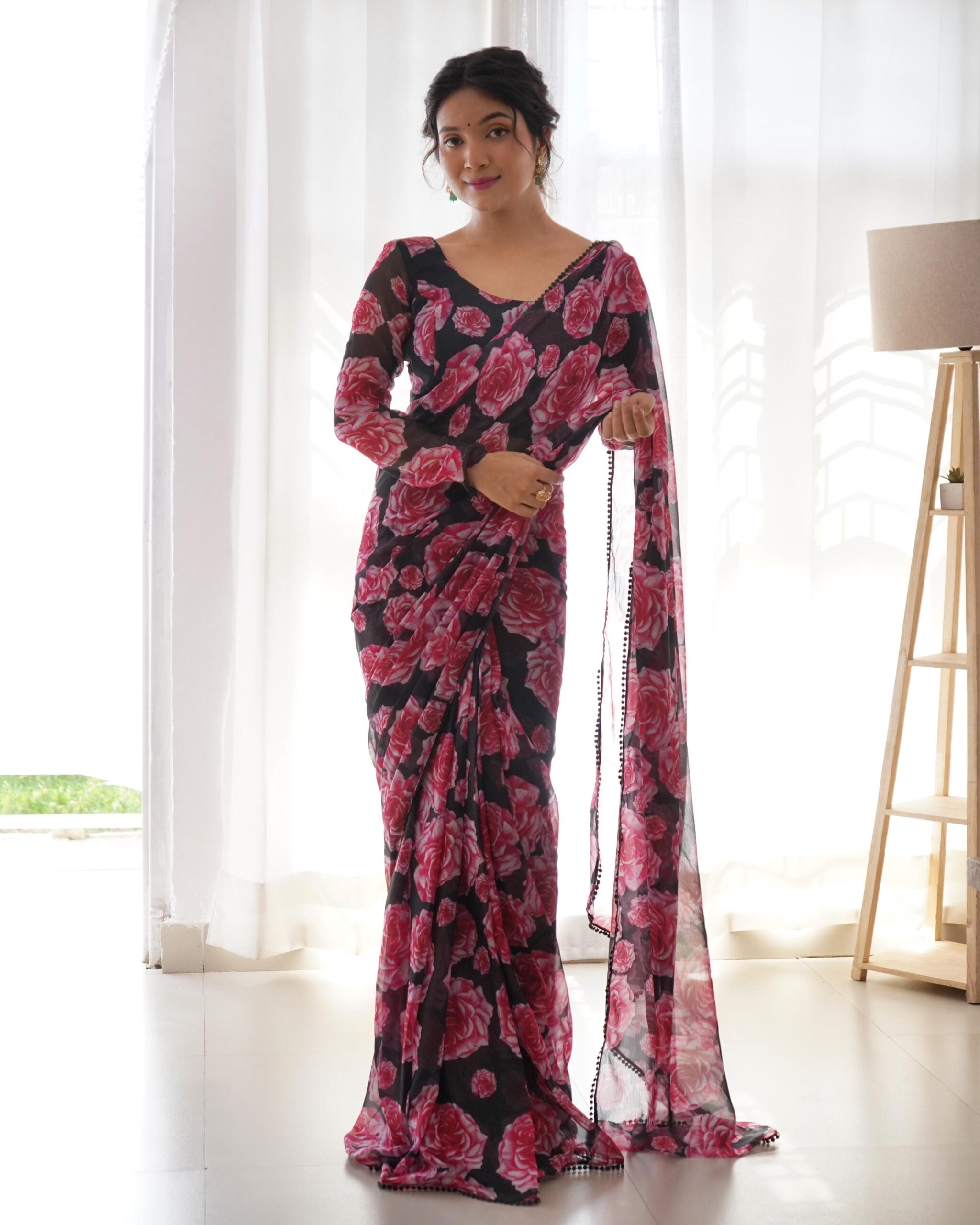 Rose Printed Ready To Wear Chiffon Saree