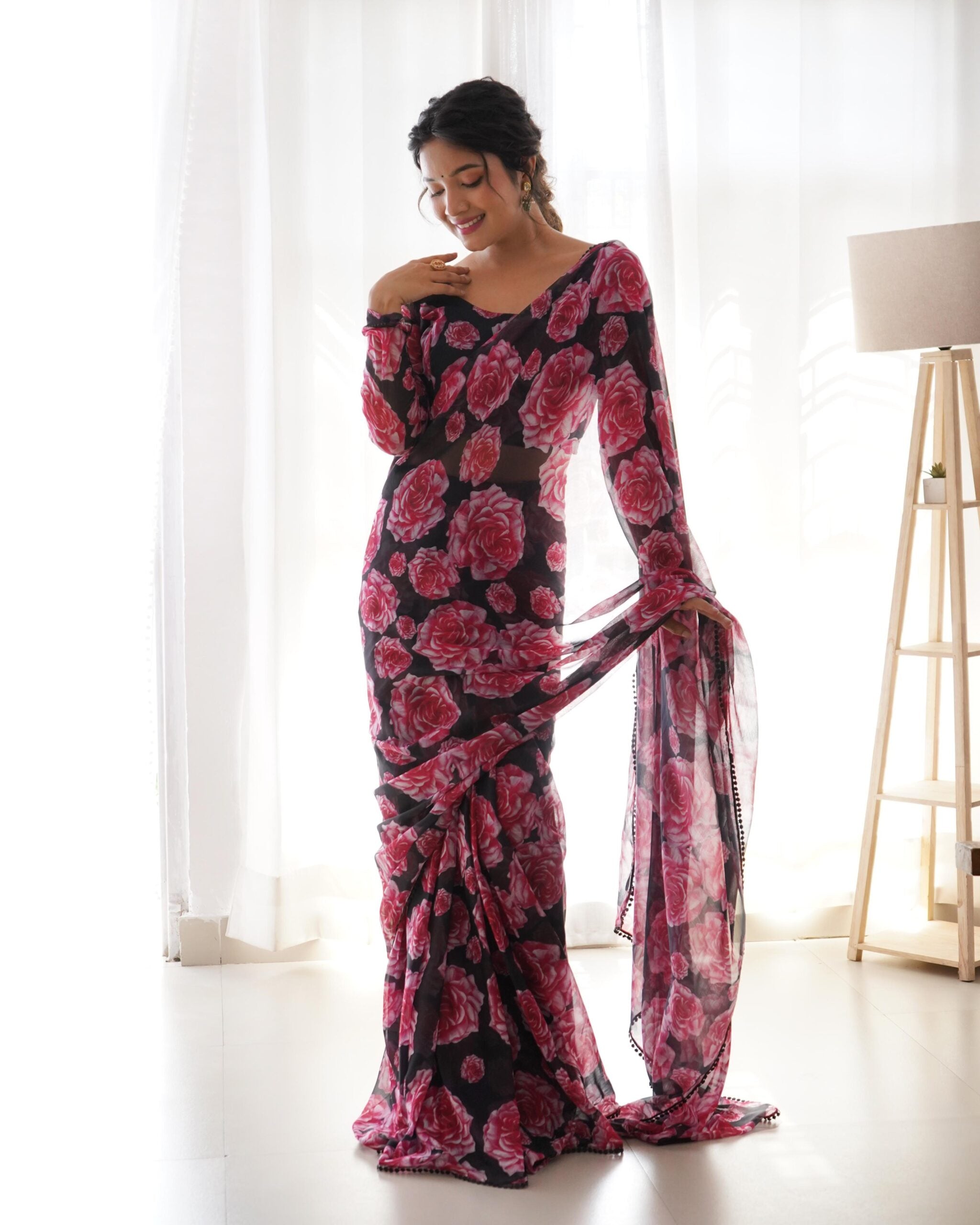 Rose Printed Ready To Wear Chiffon Saree