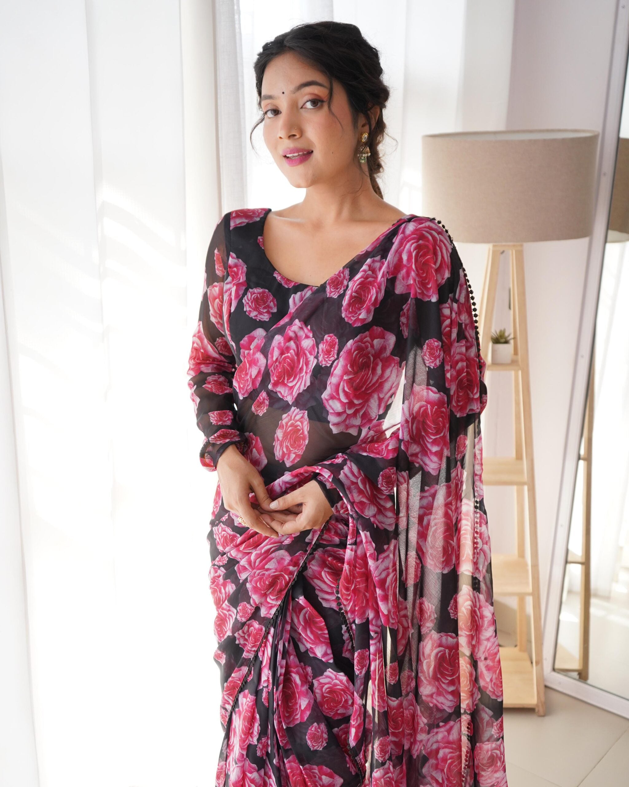 Rose Printed Ready To Wear Chiffon Saree