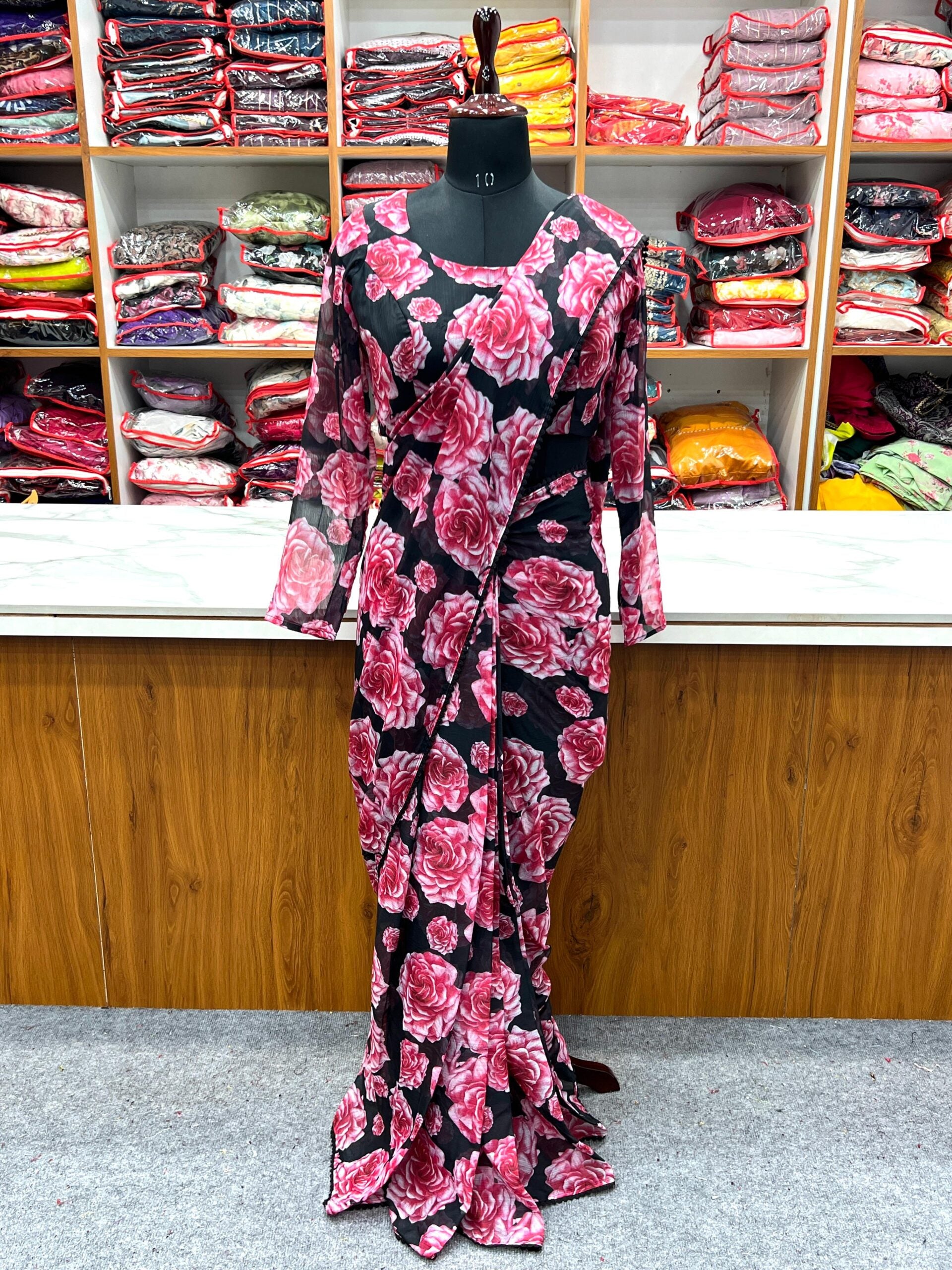 Rose Printed Ready To Wear Chiffon Saree