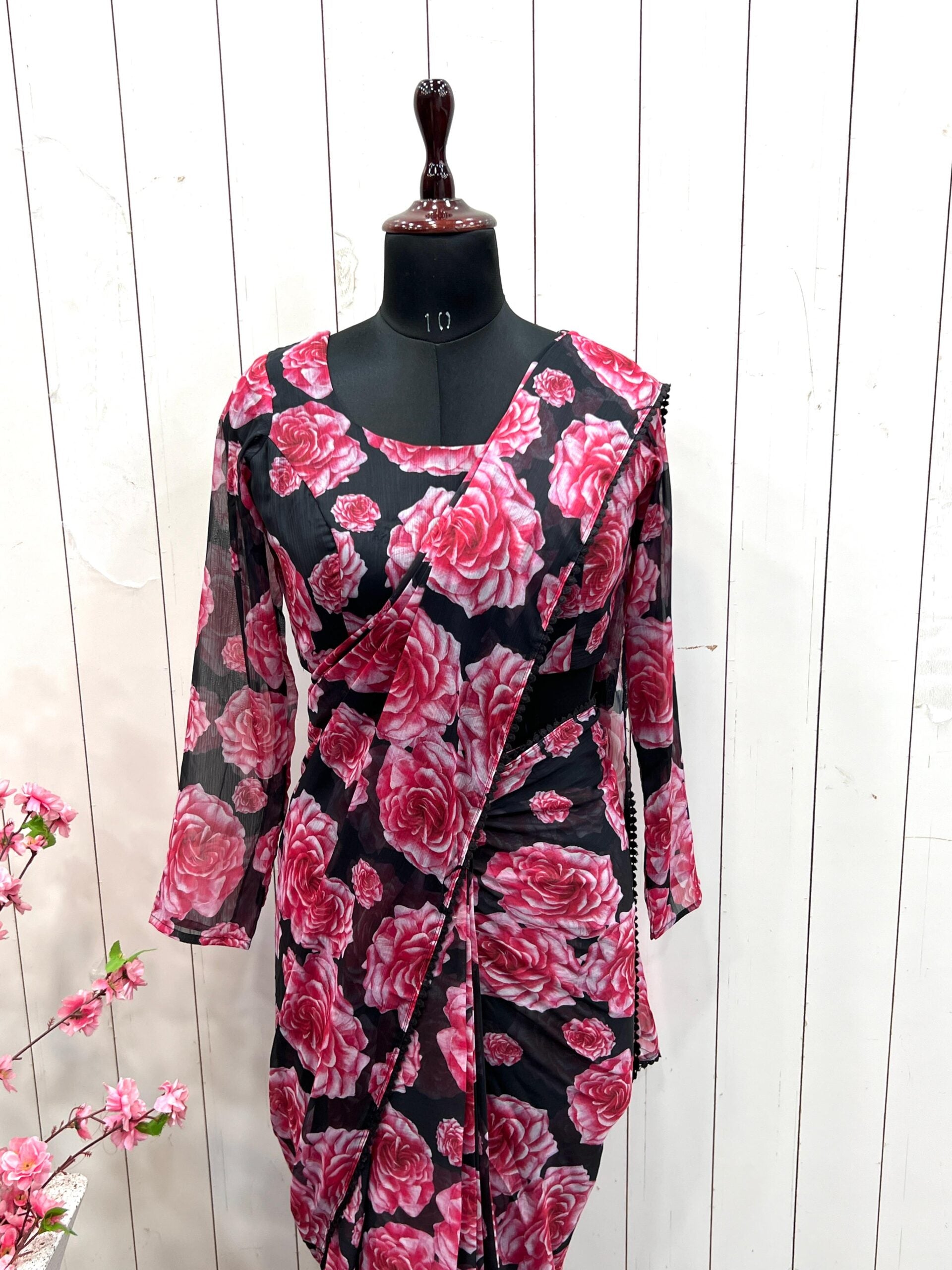 Rose Printed Ready To Wear Chiffon Saree