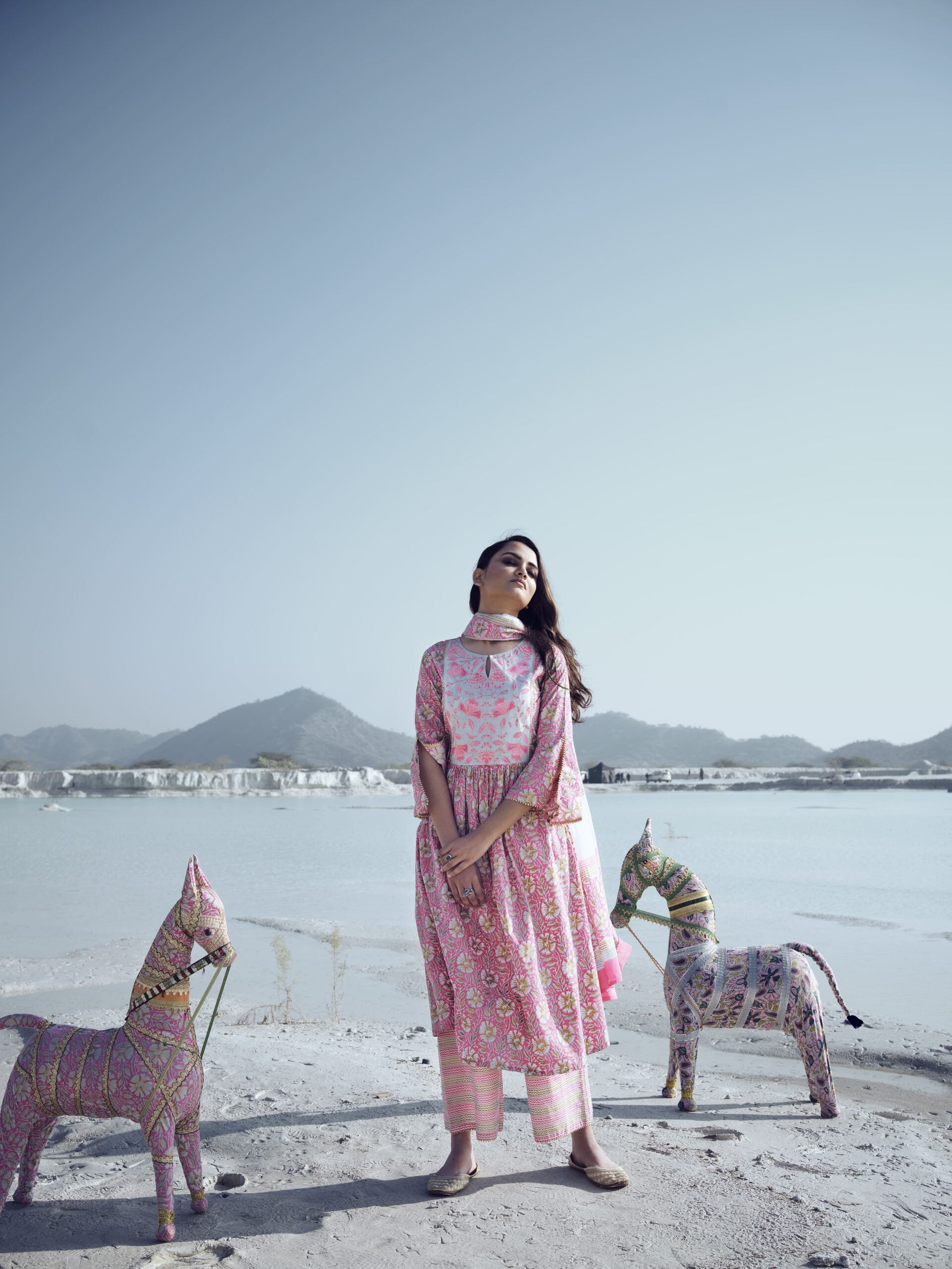 Bubblegum Pink Hibiscus Printed Indo Western Kurta Set