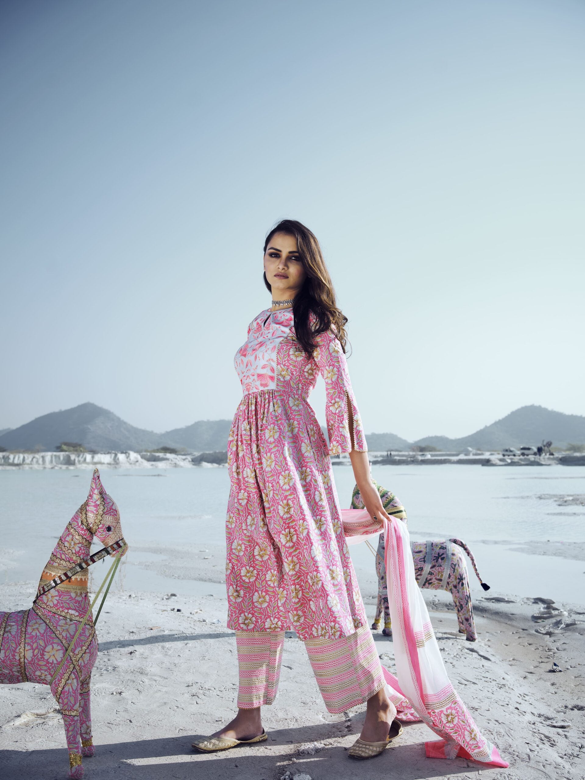 Bubblegum Pink Hibiscus Printed Indo Western Kurta Set