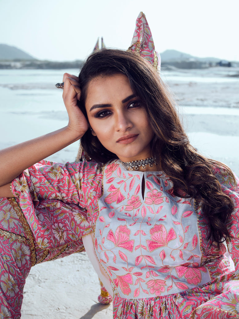 Bubblegum Pink Hibiscus Printed Indo Western Kurta Set