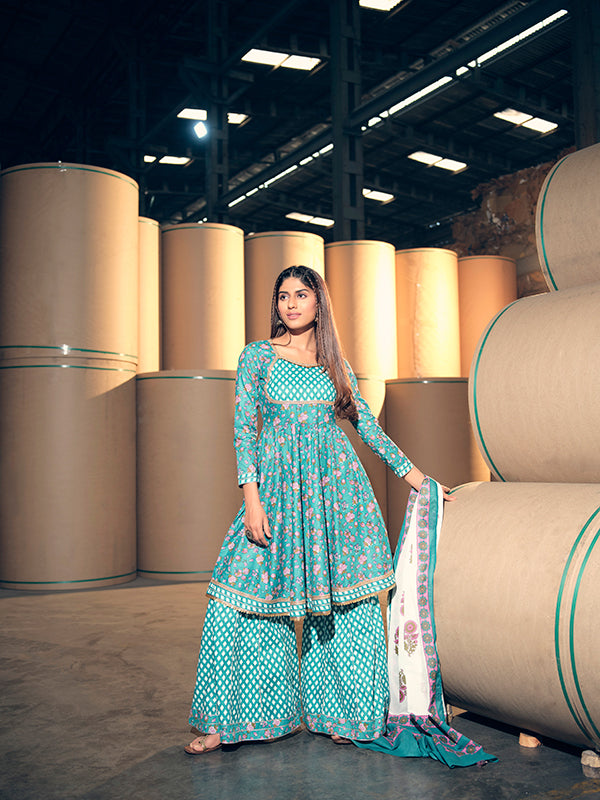 Teal and Light Pink Flared Kurta and Sharara Set