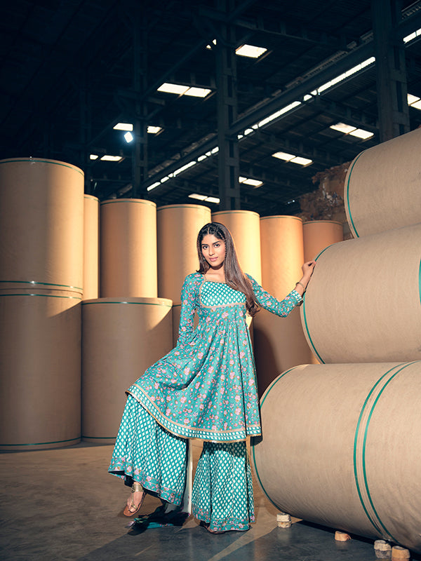 Teal and Light Pink Flared Kurta and Sharara Set
