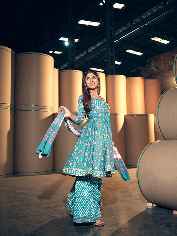 Teal and Light Pink Flared Kurta and Sharara Set