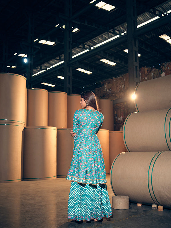 Teal and Light Pink Flared Kurta and Sharara Set