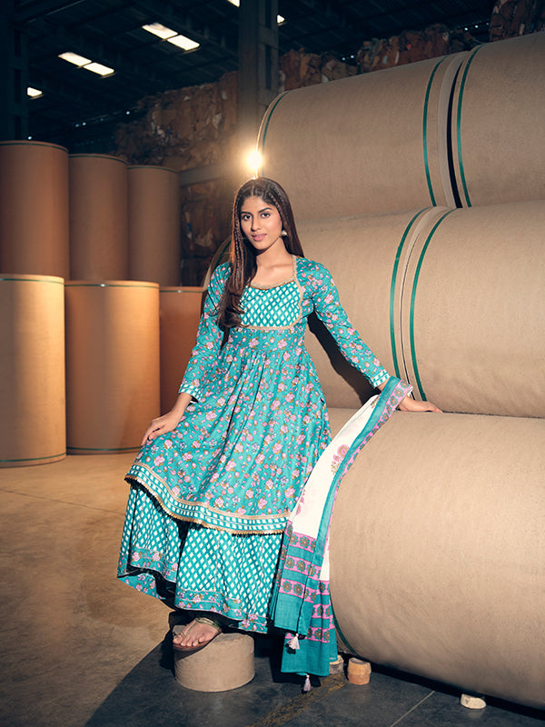 Teal and Light Pink Flared Kurta and Sharara Set