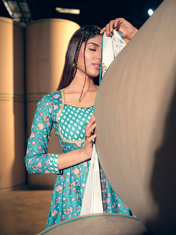 Teal and Light Pink Flared Kurta and Sharara Set