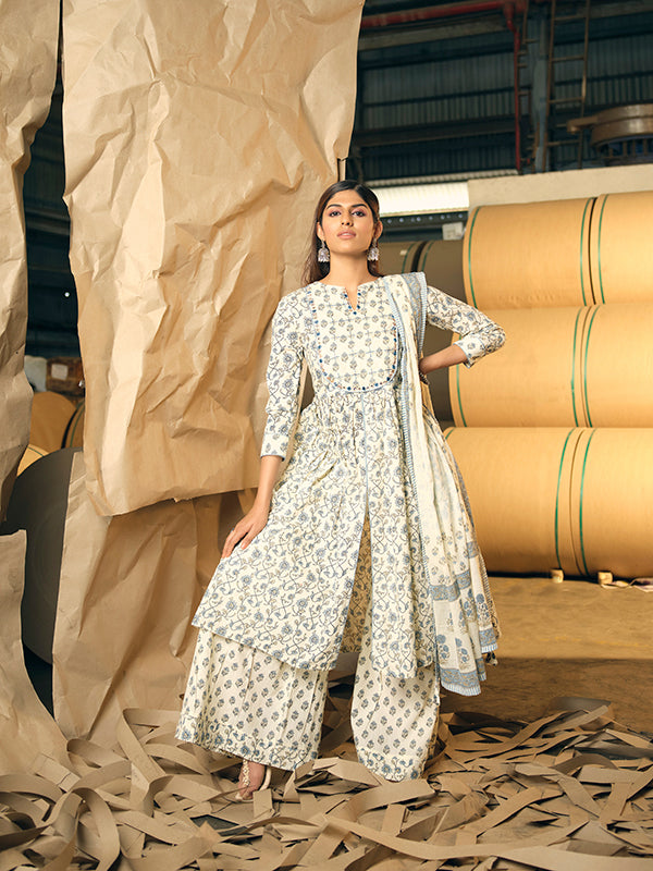 Off White and Cornflower Embroidered Pleated Kurta Set