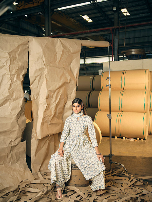 Off White and Cornflower Embroidered Pleated Kurta Set