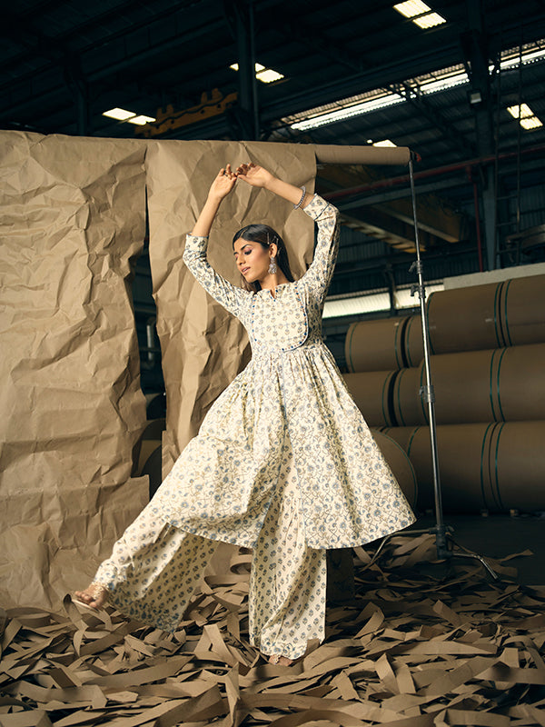 Off White and Cornflower Embroidered Pleated Kurta Set